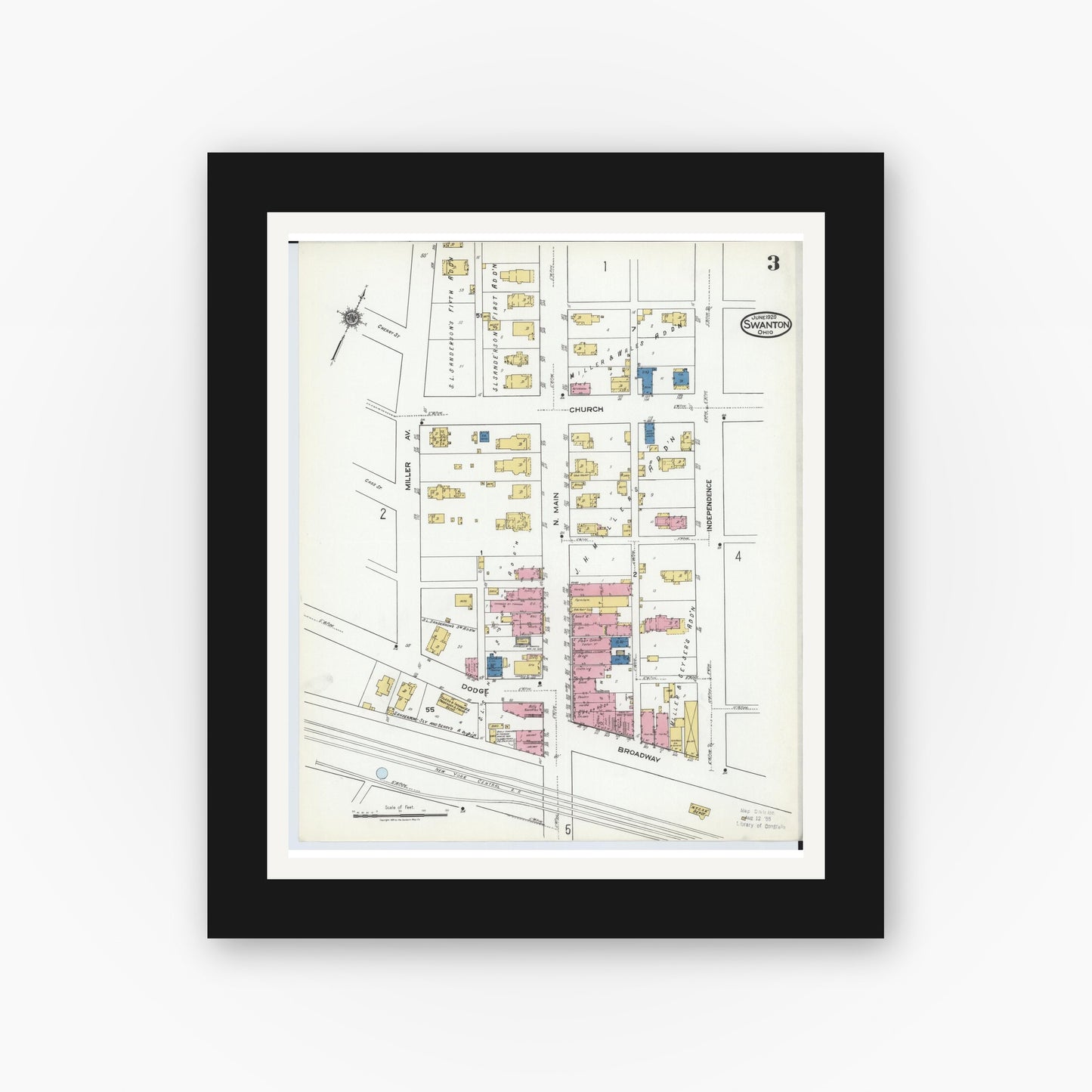 Old map wall art mockup — black gallery frame with white mat — Sanborn Fire Insurance Map from Swanton, Fulton County, Ohio (1920), Sheet #0003