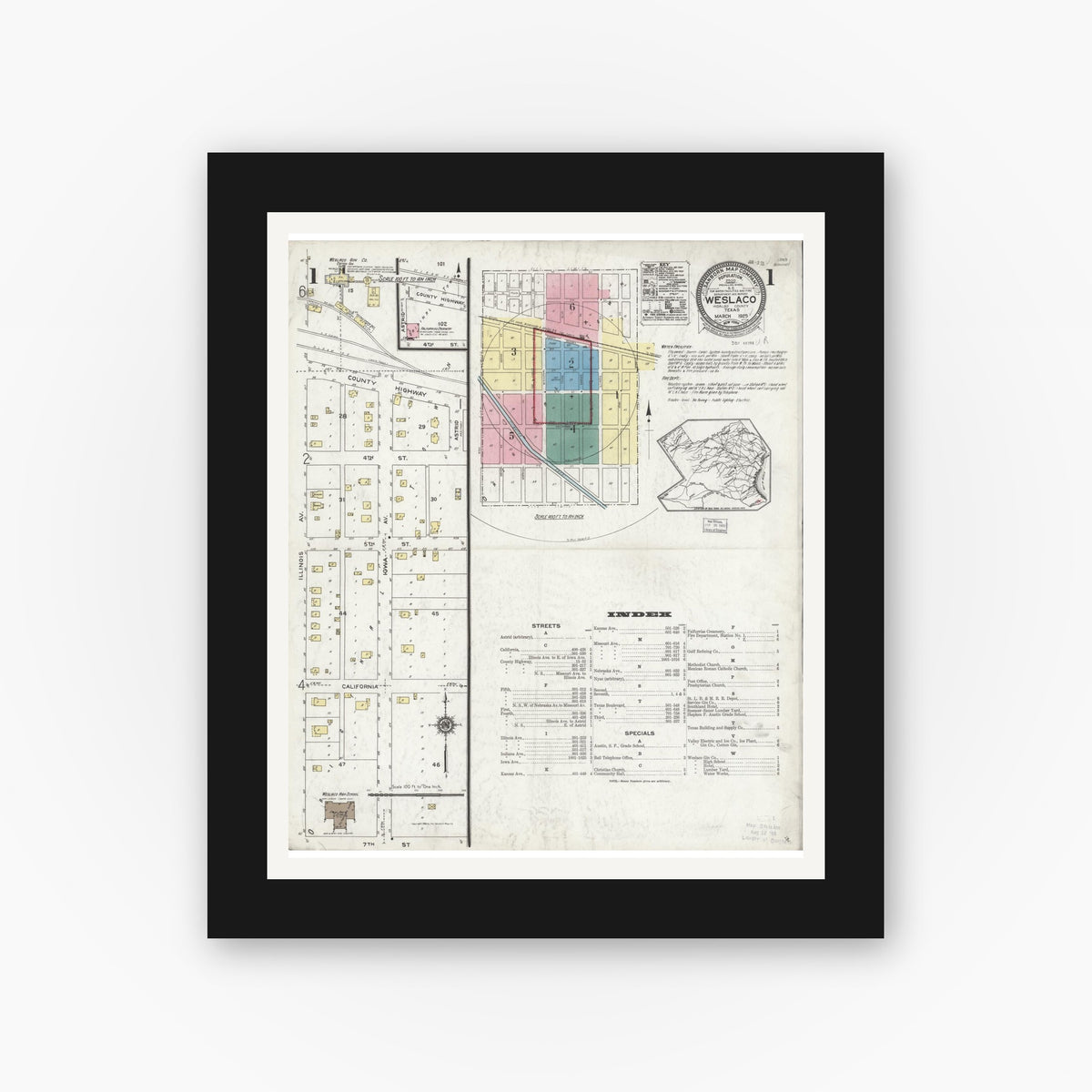 Old map wall art mockup — black gallery frame with white mat — Sanborn Fire Insurance Map from Weslaco, Hidalgo County, Texas (1925) - Complete Map Set