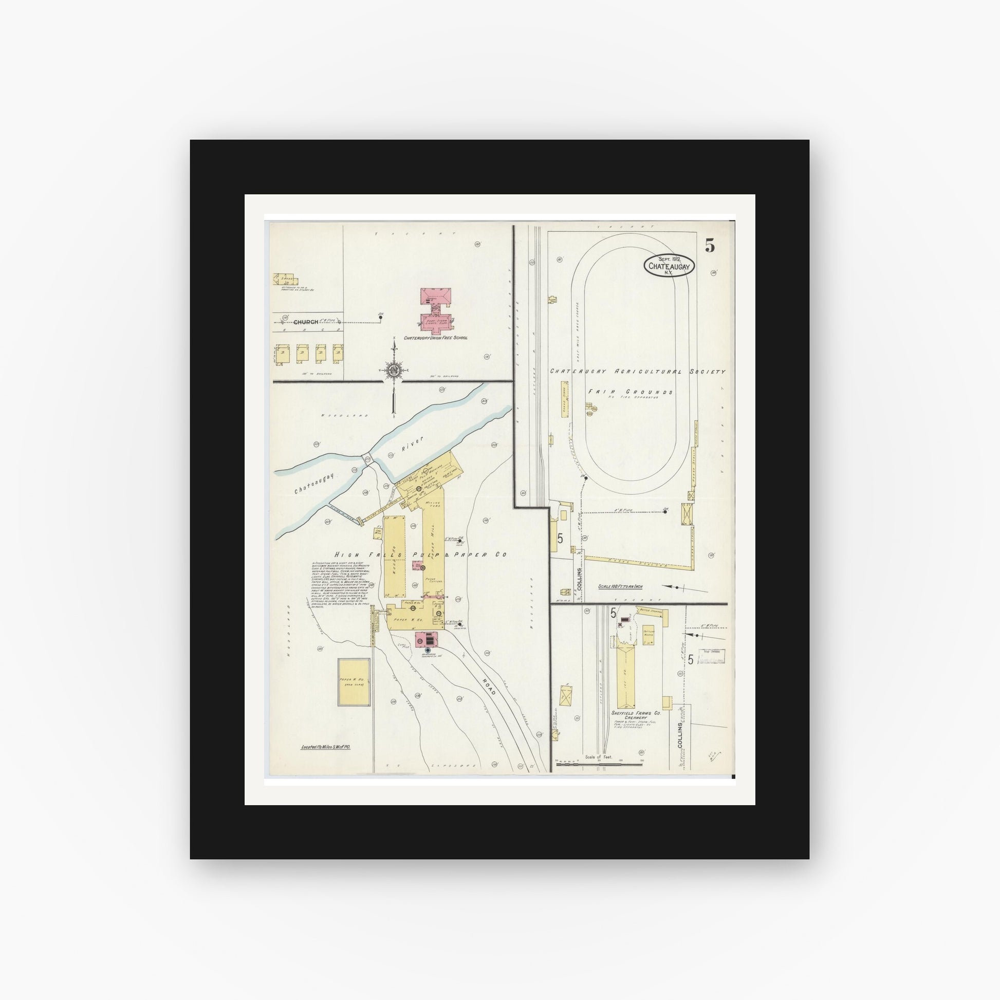 Old map wall art mockup — black gallery frame with white mat — Sanborn Fire Insurance Map from Chateaugay, Franklin County, New York (1912), Sheet #0005