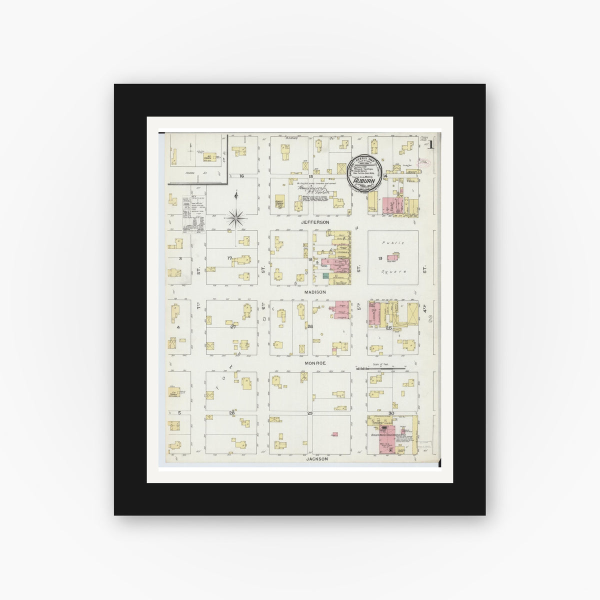 Old map wall art mockup — black gallery frame with white mat — Sanborn Fire Insurance Map from Auburn, Sangamon County, Illinois (1894), Sheet #0001