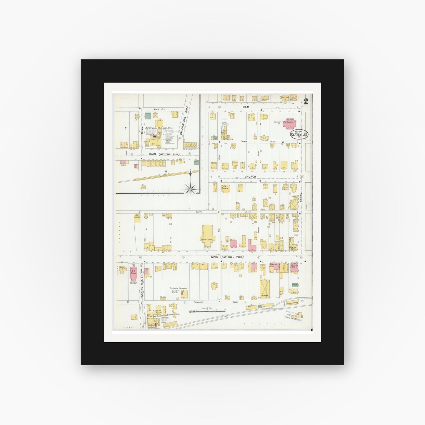 Old map wall art mockup — black gallery frame with white mat — Sanborn Fire Insurance Map from Claysville, Washington County, Pennsylvania (1901), Sheet #0002