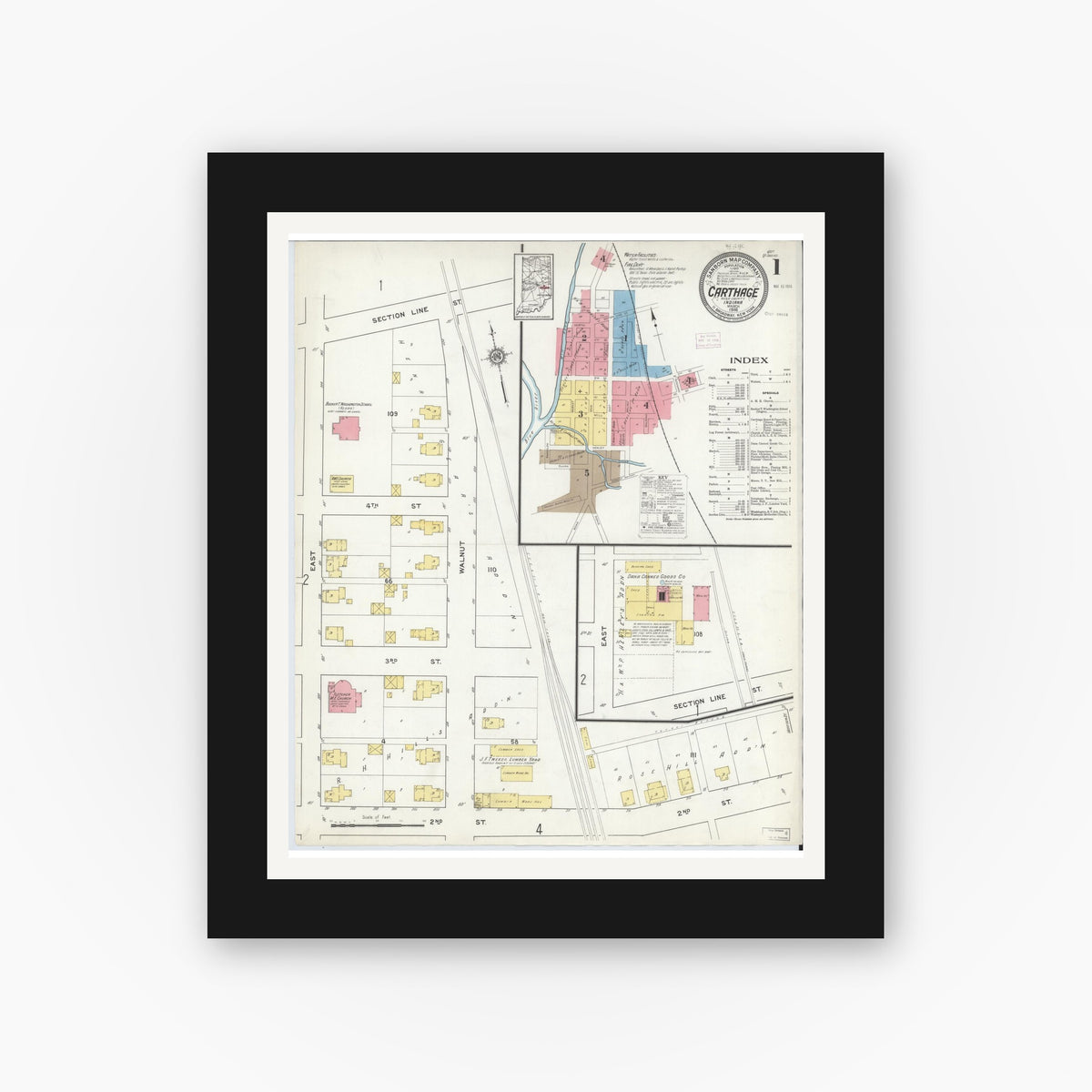 Old map wall art mockup — black gallery frame with white mat — Sanborn Fire Insurance Map from Carthage, Rush County, Indiana (1916) - Complete Map Set