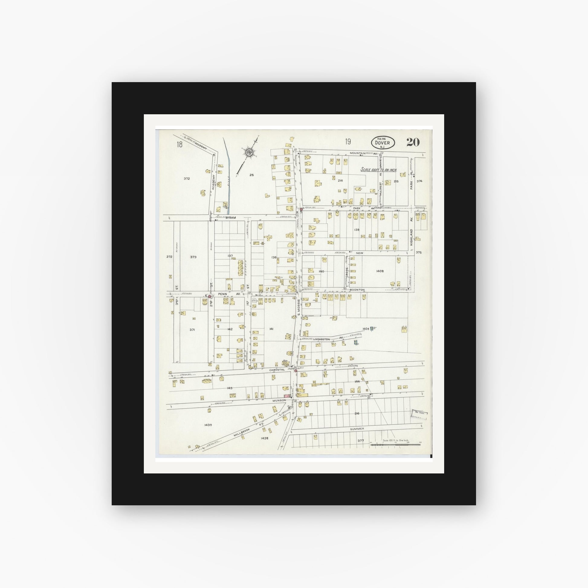 Old map wall art mockup — black gallery frame with white mat — Sanborn Fire Insurance Map from Dover, Morris County, New Jersey (1916), Sheet #0020