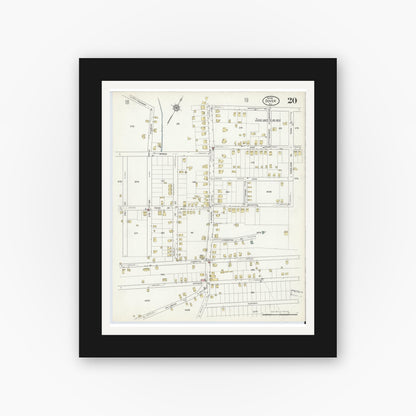 Old map wall art mockup — black gallery frame with white mat — Sanborn Fire Insurance Map from Dover, Morris County, New Jersey (1916), Sheet #0020