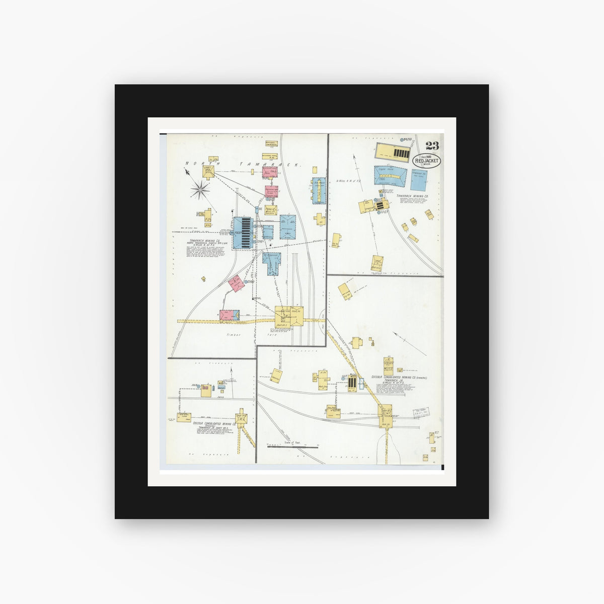 Old map wall art mockup — black gallery frame with white mat — Sanborn Fire Insurance Map from Red Jacket, Houghton County, Michigan (1900), Sheet #0023