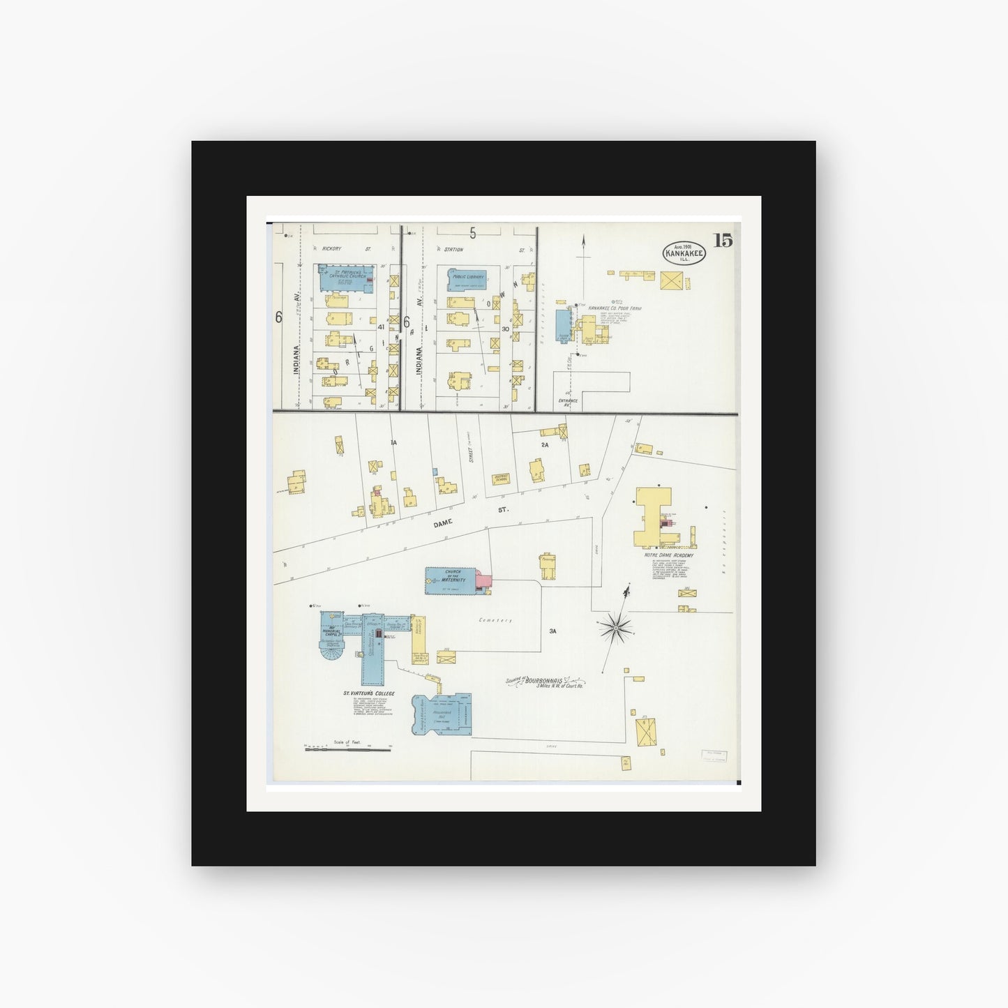 Old map wall art mockup — black gallery frame with white mat — Sanborn Fire Insurance Map from Kankakee, Kankakee County, Illinois (1901), Sheet #0015