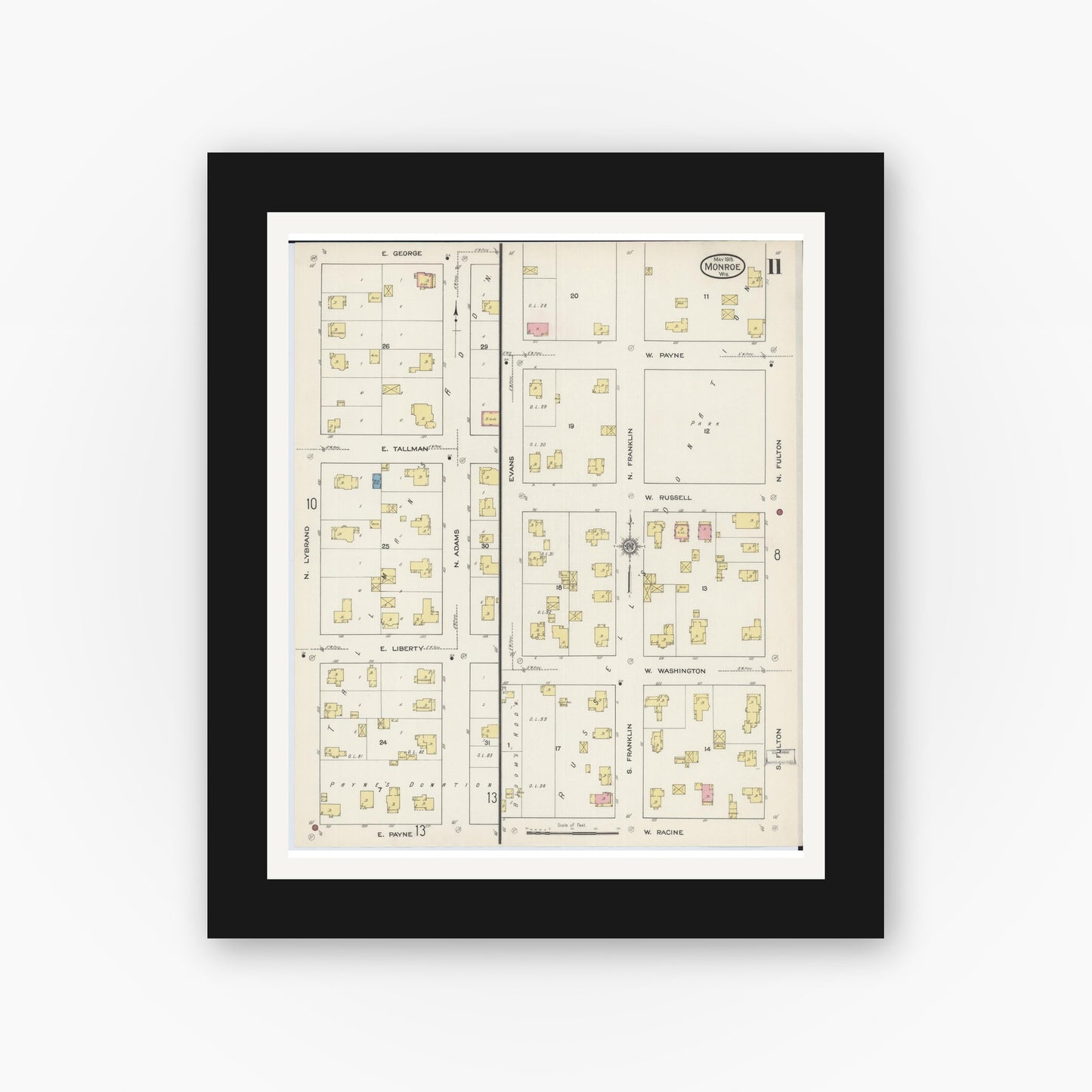 Old map wall art mockup — black gallery frame with white mat — Sanborn Fire Insurance Map from Monroe, Green County, Wisconsin (1915), Sheet #0011