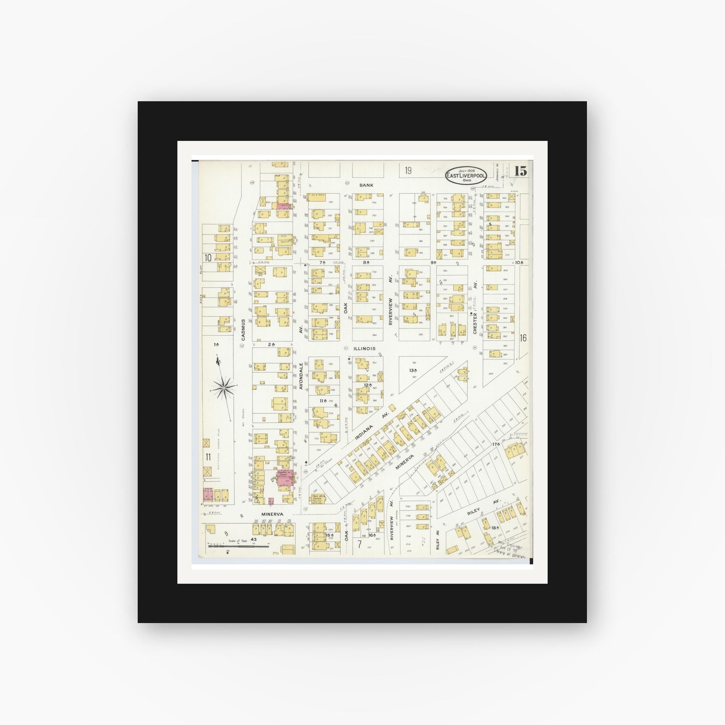 Old map wall art mockup — black gallery frame with white mat — Sanborn Fire Insurance Map from East Liverpool, Columbiana County, Ohio (1908), Sheet #0015