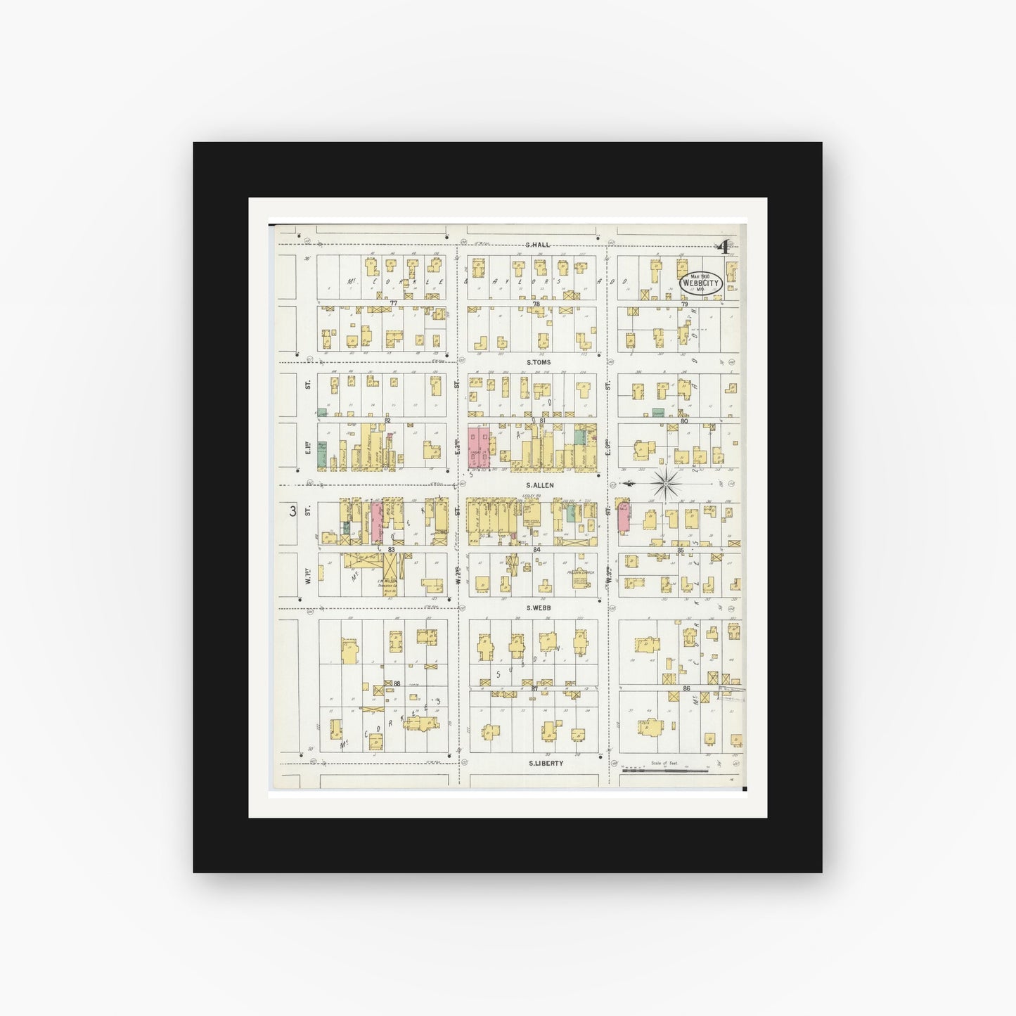 Old map wall art mockup — black gallery frame with white mat — Sanborn Fire Insurance Map from Webb City, Jasper County, Missouri (1900), Sheet #0004