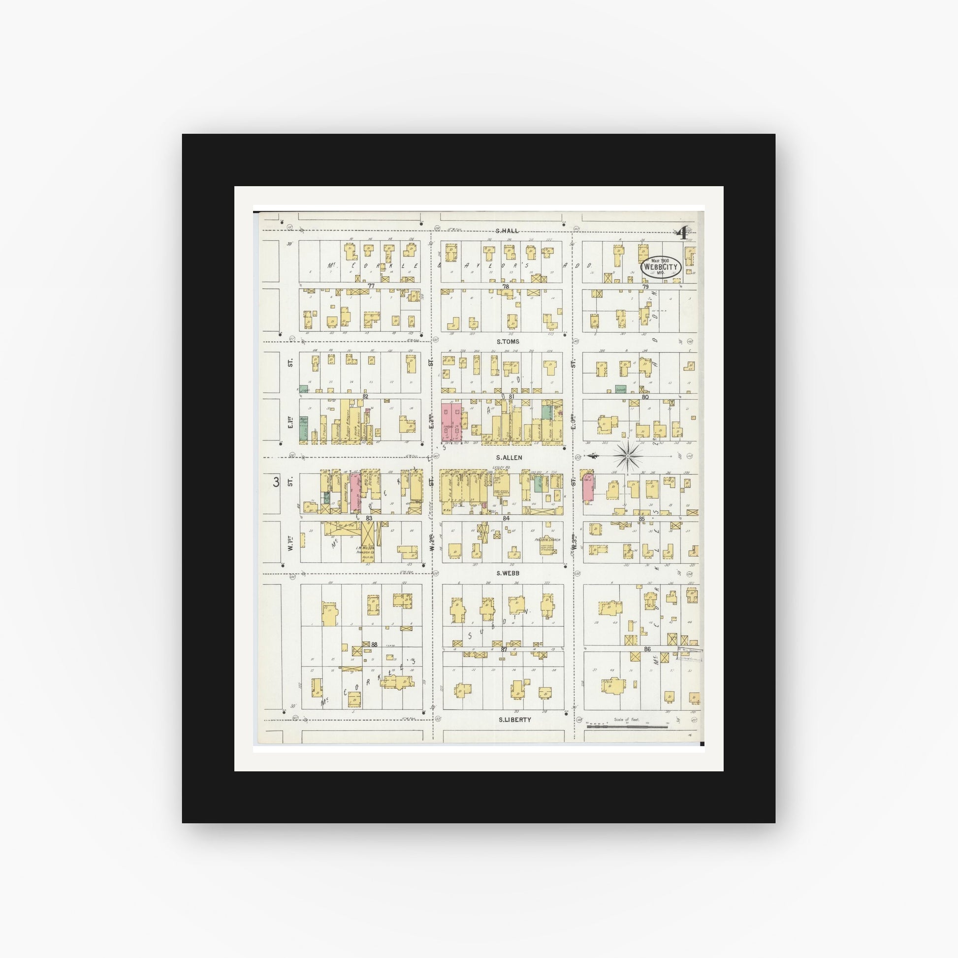 Old map wall art mockup — black gallery frame with white mat — Sanborn Fire Insurance Map from Webb City, Jasper County, Missouri (1900), Sheet #0004