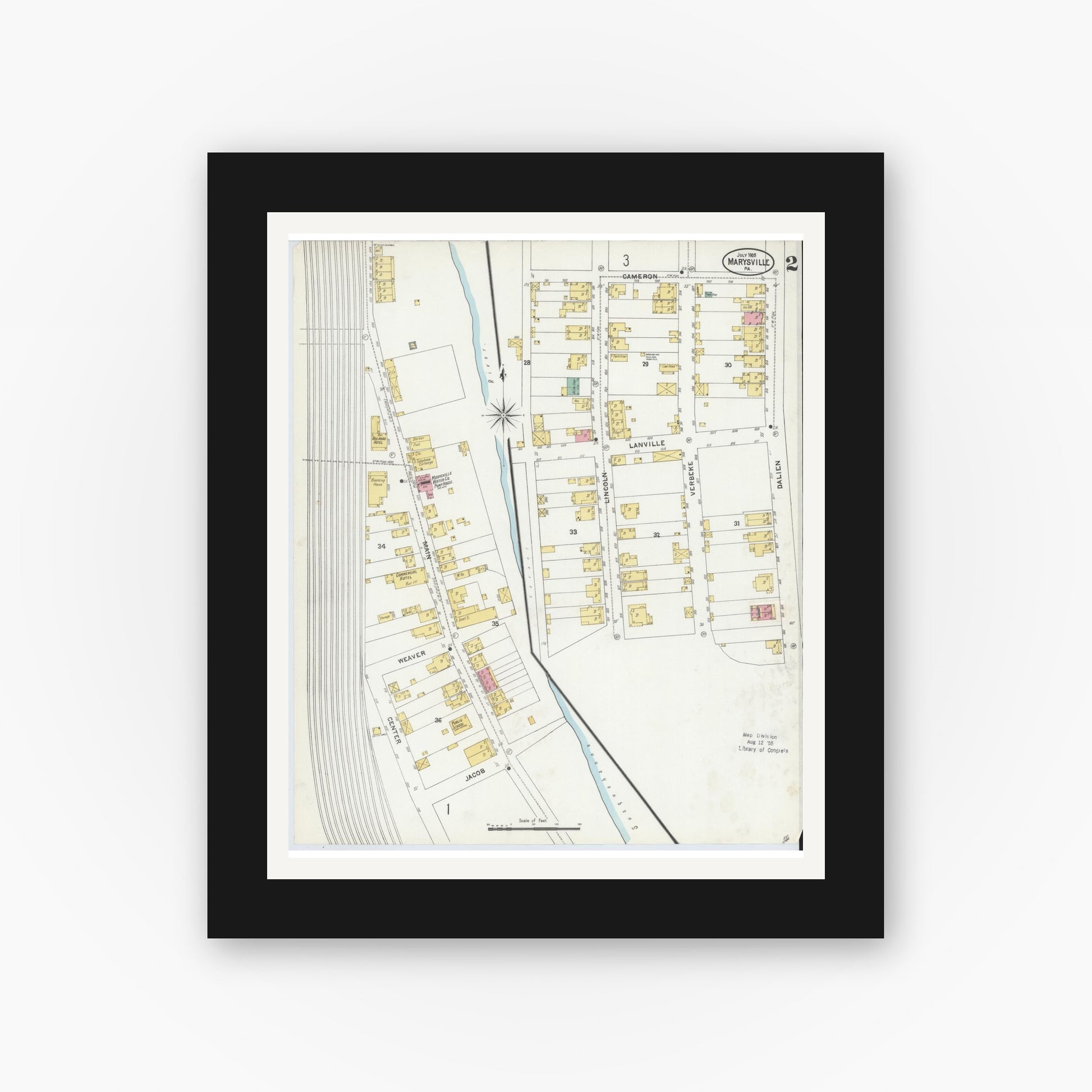 Old map wall art mockup — black gallery frame with white mat — Sanborn Fire Insurance Map from Marysville, Perry County, Pennsylvania (1905), Sheet #0002