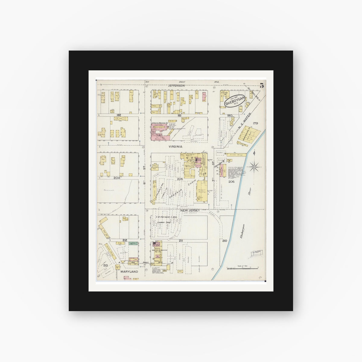 Old map wall art mockup — black gallery frame with white mat — Sanborn Fire Insurance Map from Sheboygan, Sheboygan County, Wisconsin (1887), Sheet #0005