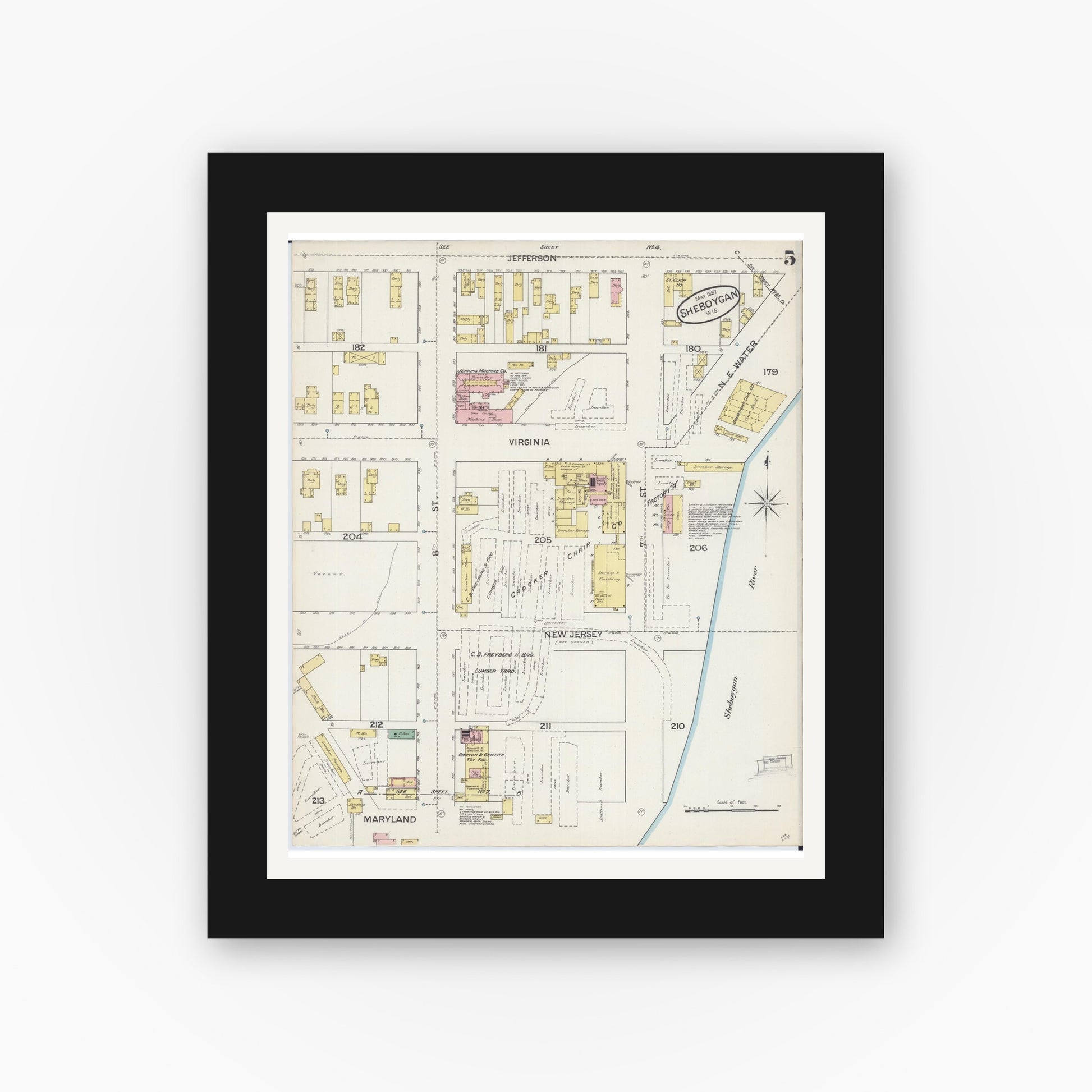 Old map wall art mockup — black gallery frame with white mat — Sanborn Fire Insurance Map from Sheboygan, Sheboygan County, Wisconsin (1887), Sheet #0005