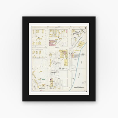Old map wall art mockup — black gallery frame with white mat — Sanborn Fire Insurance Map from Sheboygan, Sheboygan County, Wisconsin (1887), Sheet #0005