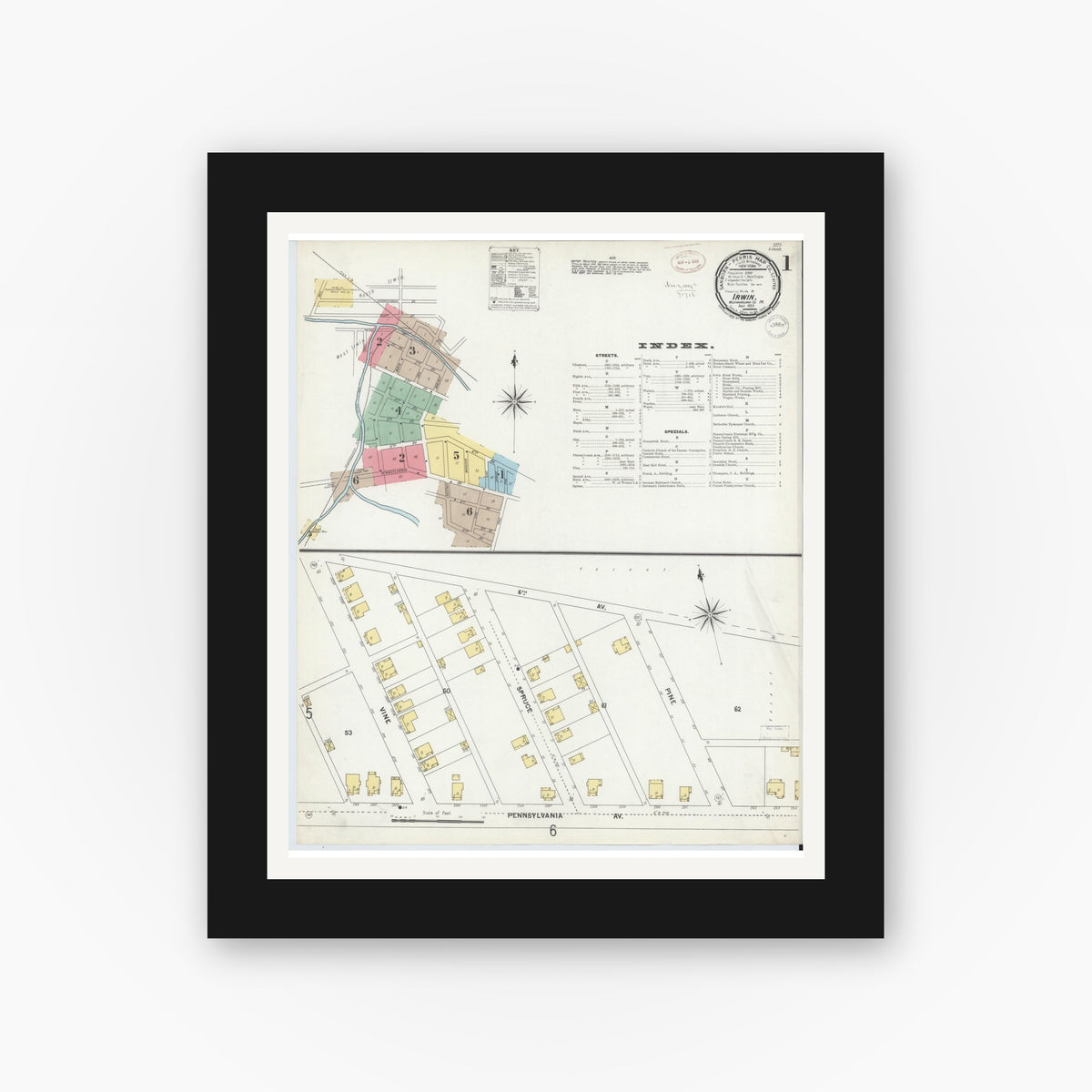 Old map wall art mockup — black gallery frame with white mat — Sanborn Fire Insurance Map from Irwin, Westmoreland County, Pennsylvania (1899), Sheet #0001