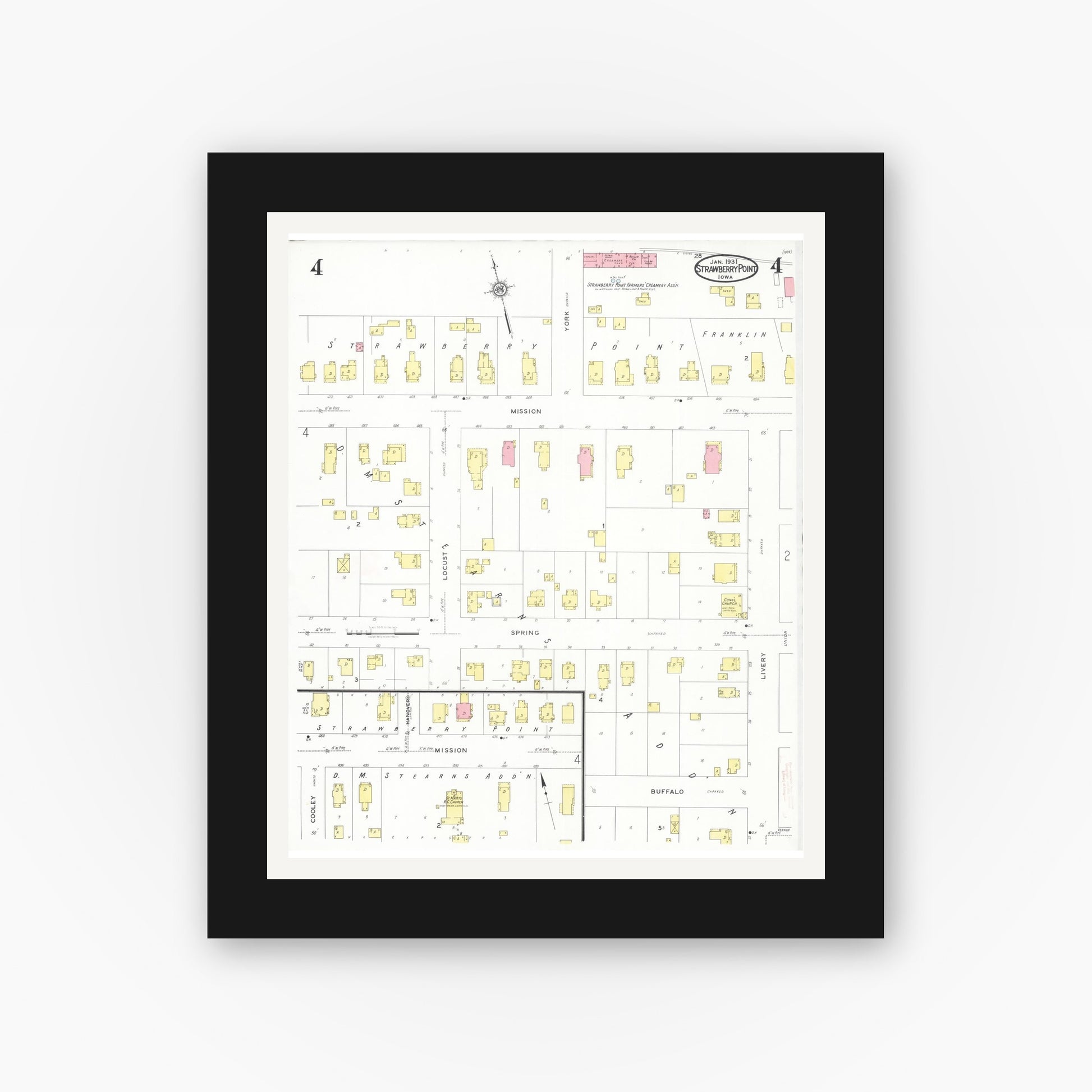 Old map wall art mockup — black gallery frame with white mat — Sanborn Fire Insurance Map from Strawberry Point, Clayton County, Iowa (1931), Sheet #0004