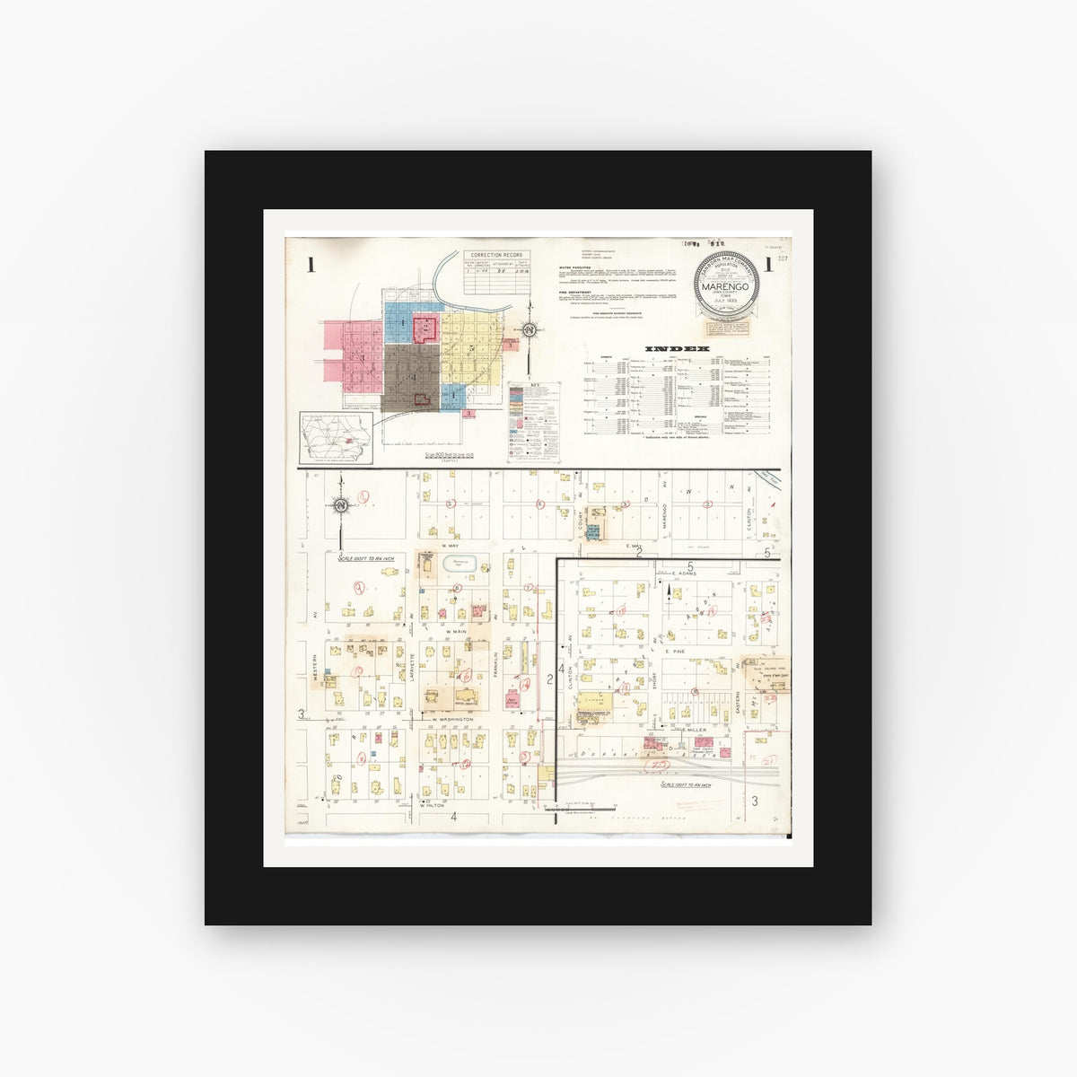 Old map wall art mockup — black gallery frame with white mat — Sanborn Fire Insurance Map from Marengo, Iowa County, Iowa (1942), Sheet #0001