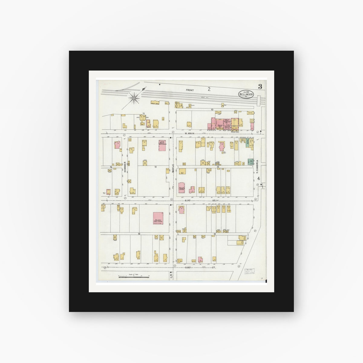 Old map wall art mockup — black gallery frame with white mat — Sanborn Fire Insurance Map from Bellwood, Blair County, Pennsylvania (1899), Sheet #0003