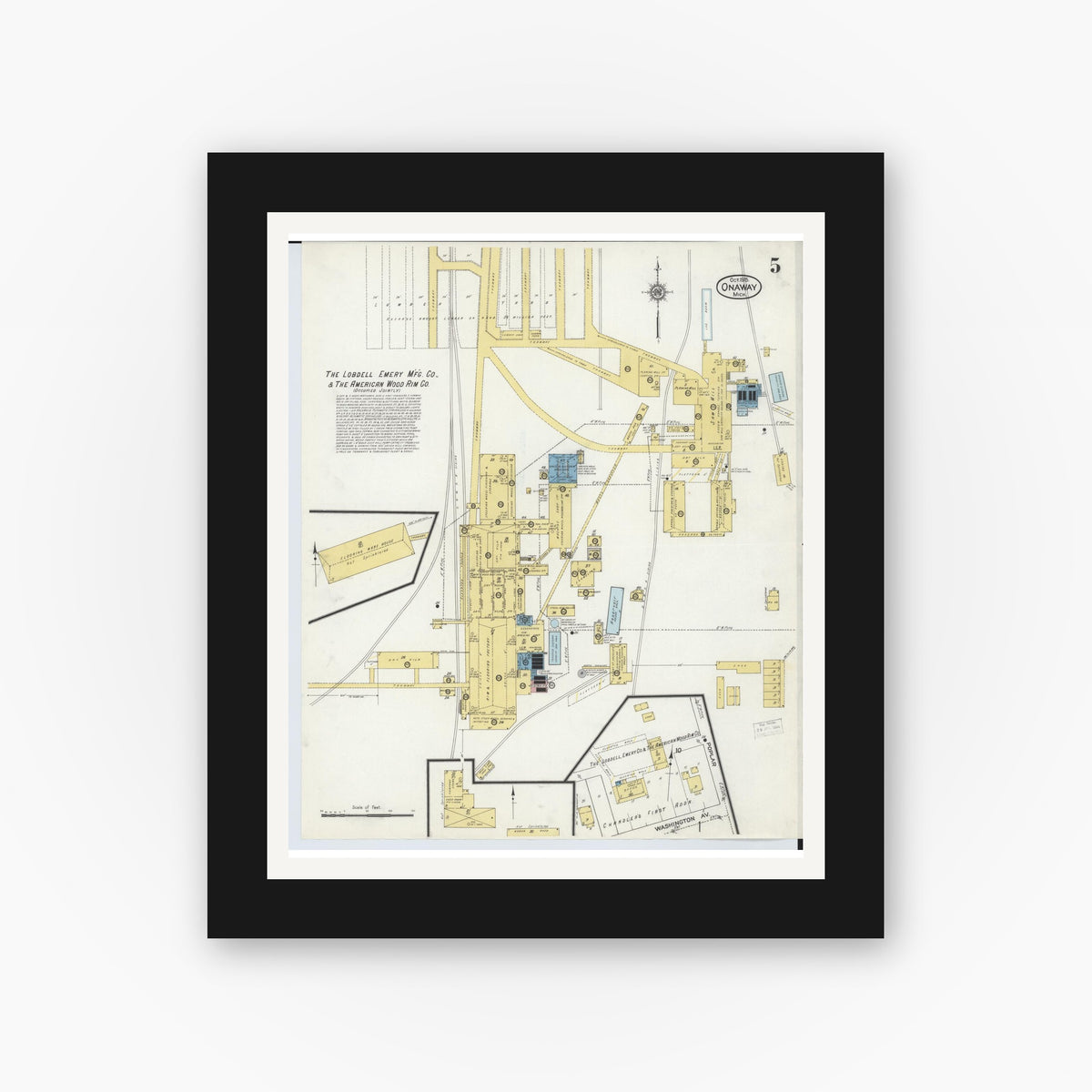 Old map wall art mockup — black gallery frame with white mat — Sanborn Fire Insurance Map from Onaway, Presque Isle County, Michigan (1915), Sheet #0005