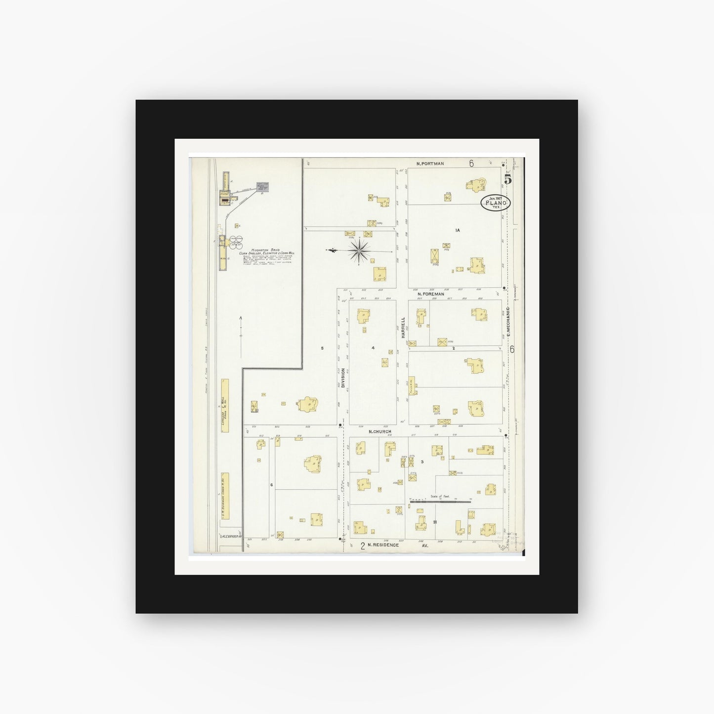 Old map wall art mockup — black gallery frame with white mat — Sanborn Fire Insurance Map from Plano, Collin County, Texas (1907), Sheet #0005