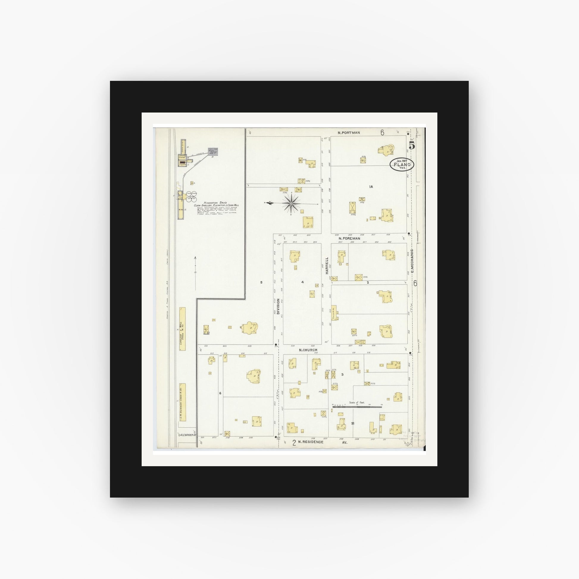 Old map wall art mockup — black gallery frame with white mat — Sanborn Fire Insurance Map from Plano, Collin County, Texas (1907), Sheet #0005