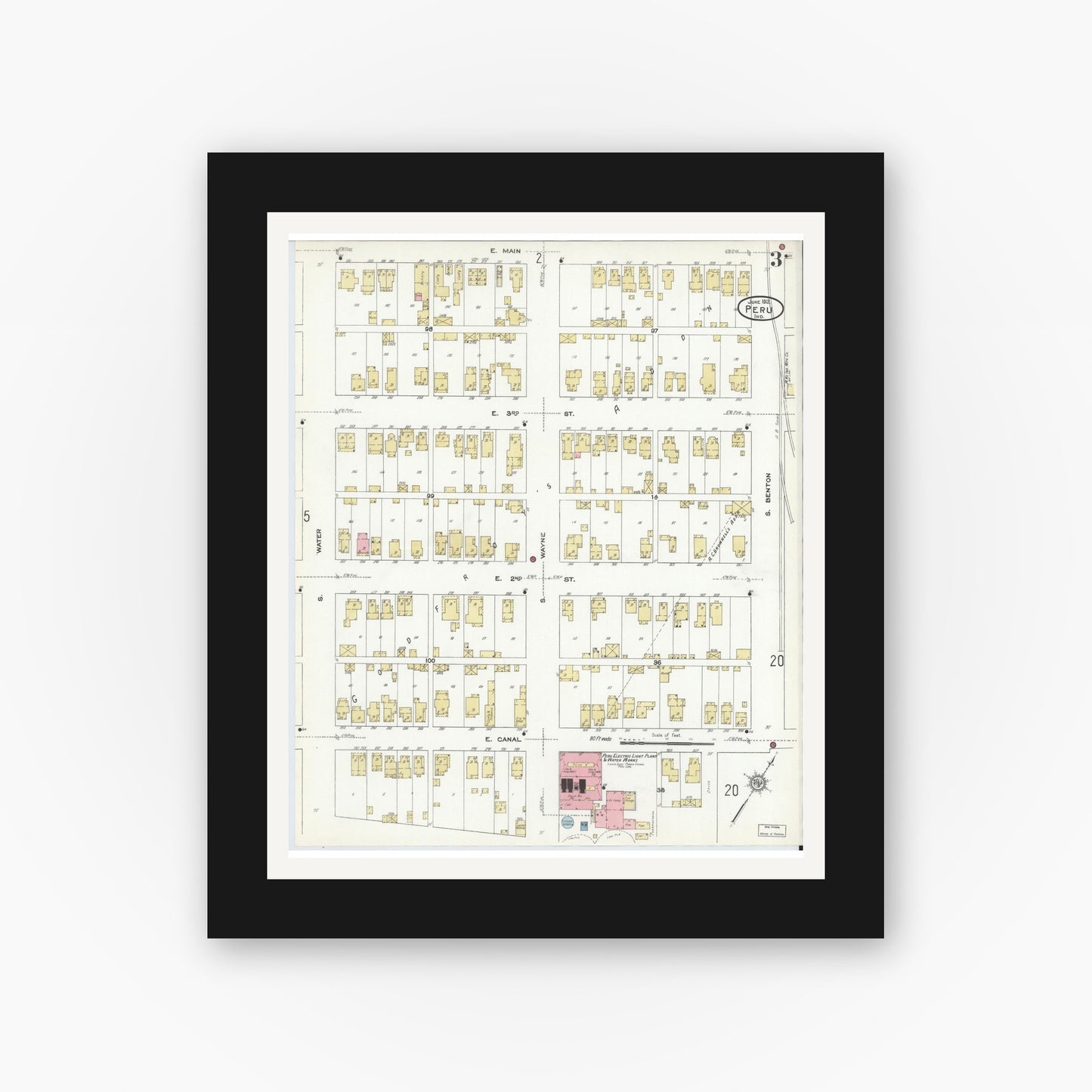 Old map wall art mockup — black gallery frame with white mat — Sanborn Fire Insurance Map from Peru, Miami County, Indiana (1912), Sheet #0003