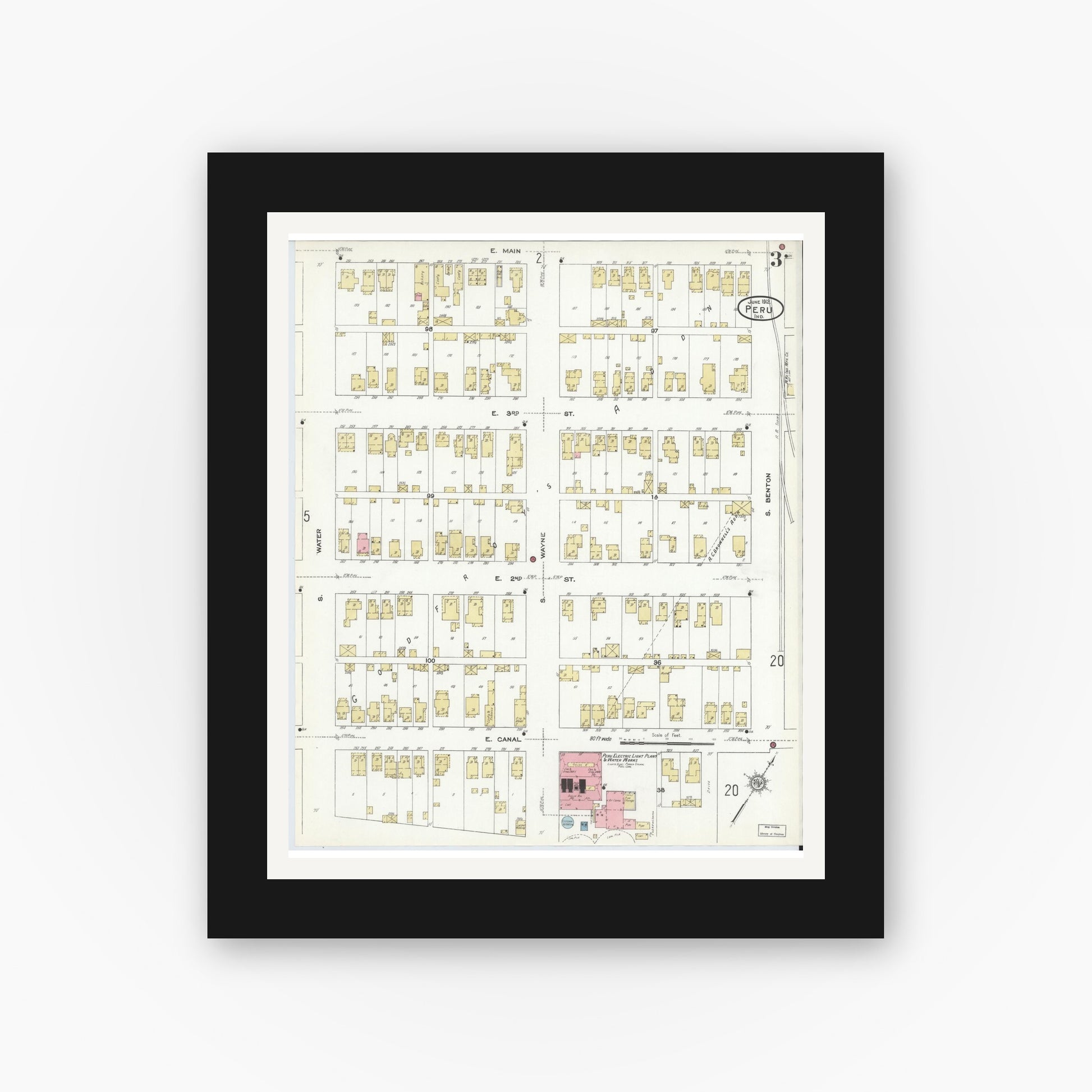 Old map wall art mockup — black gallery frame with white mat — Sanborn Fire Insurance Map from Peru, Miami County, Indiana (1912), Sheet #0003