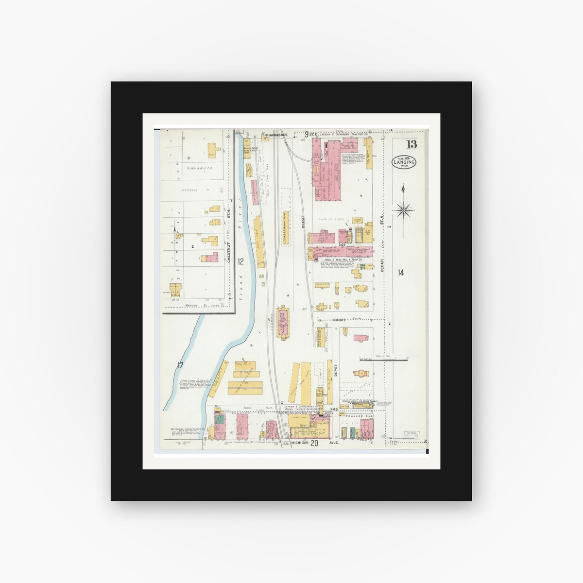 Old map wall art mockup — black gallery frame with white mat — Sanborn Fire Insurance Map from Lansing, Ingham County, Michigan (1906), Sheet #0013