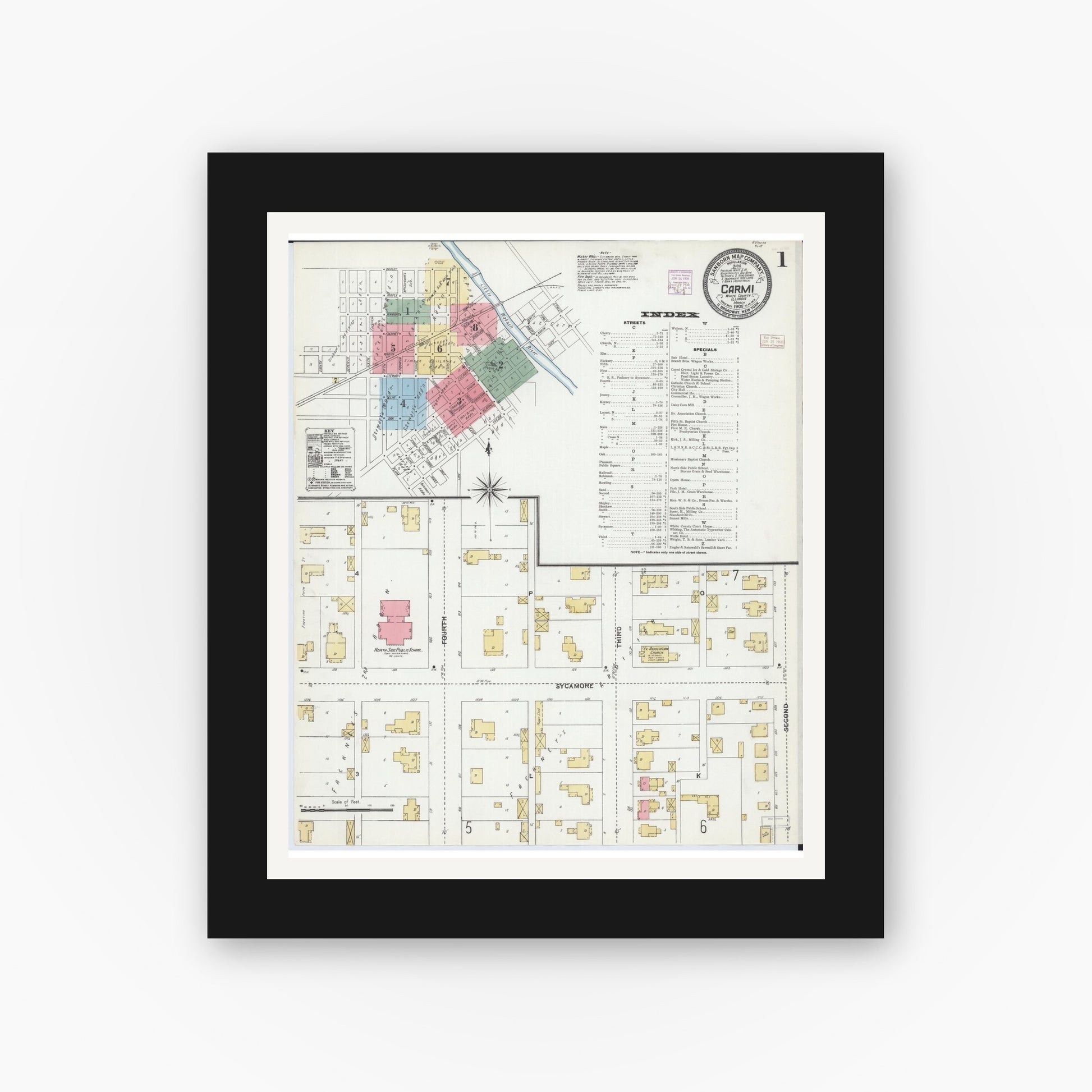 Old map wall art mockup — black gallery frame with white mat — Sanborn Fire Insurance Map from Carmi, White County, Illinois (1906) - Complete Map Set