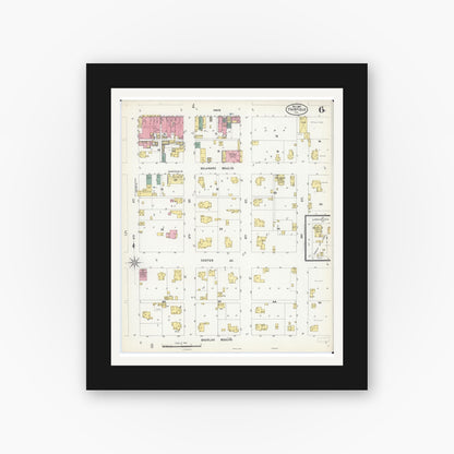 Old map wall art mockup — black gallery frame with white mat — Sanborn Fire Insurance Map from Fairfield, Wayne County, Illinois (1907), Sheet #0006