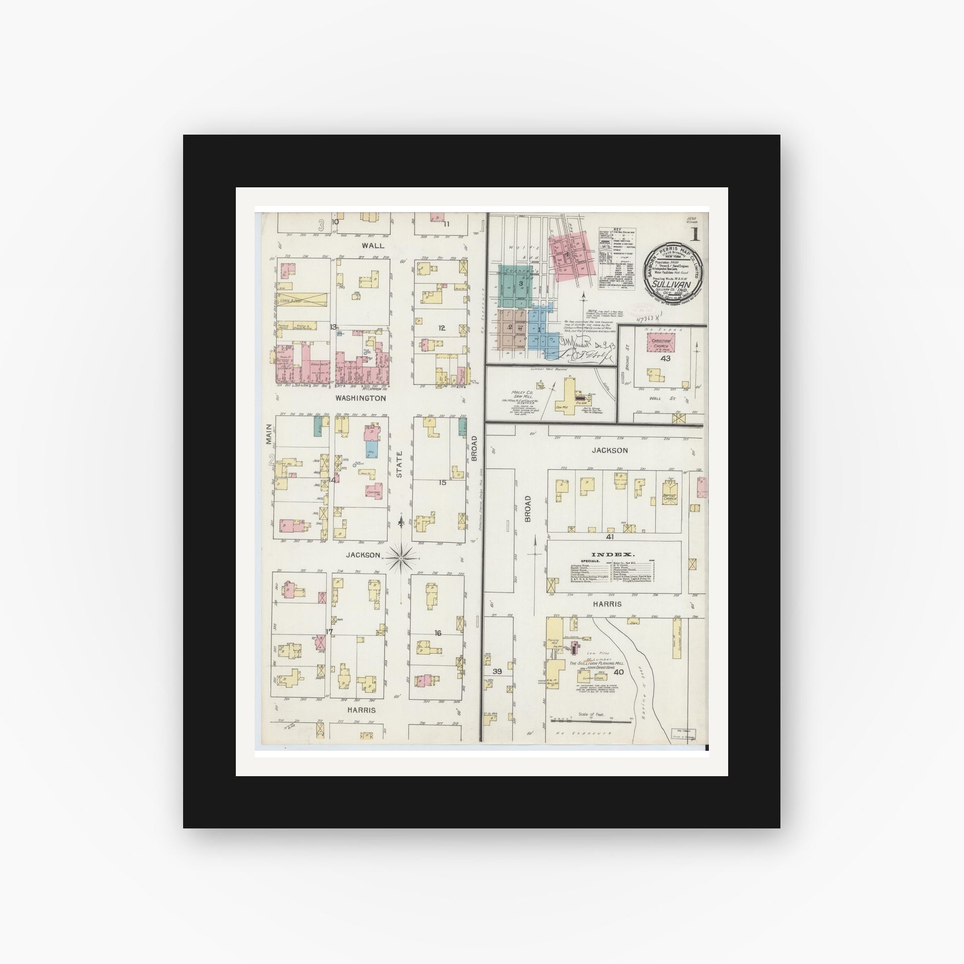 Old map wall art mockup — black gallery frame with white mat — Sanborn Fire Insurance Map from Sullivan, Sullivan County, Indiana (1892) - Complete Map Set