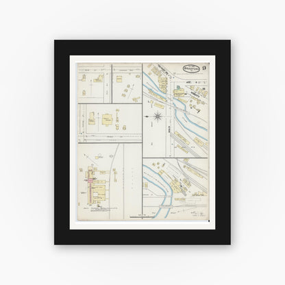 Old map wall art mockup — black gallery frame with white mat — Sanborn Fire Insurance Map from Bradford, McKean County, Pennsylvania (1890), Sheet #0009