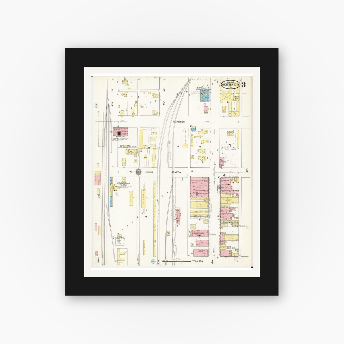 Old map wall art mockup — black gallery frame with white mat — Sanborn Fire Insurance Map from Webster City, Hamilton County, Iowa (1915), Sheet #0003