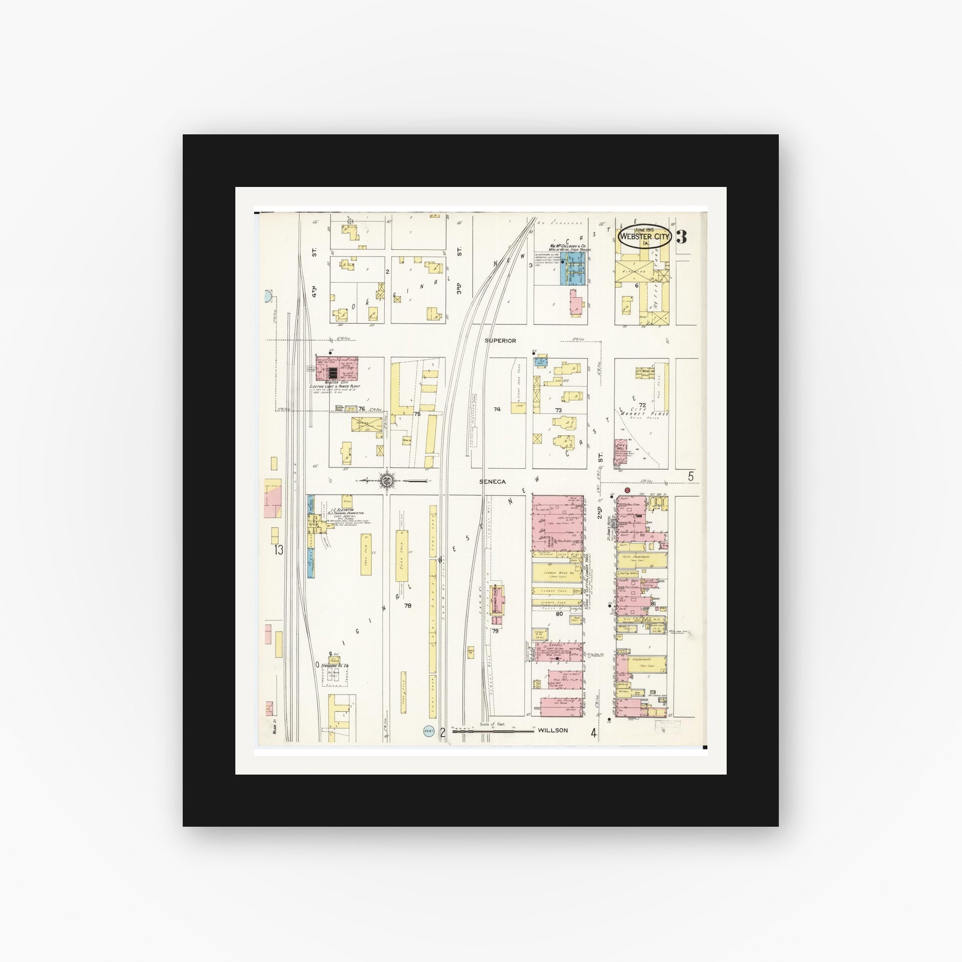 Old map wall art mockup — black gallery frame with white mat — Sanborn Fire Insurance Map from Webster City, Hamilton County, Iowa (1915), Sheet #0003