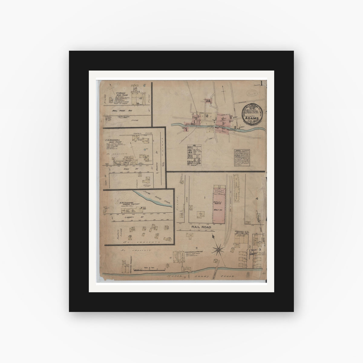 Old map wall art mockup — black gallery frame with white mat — Sanborn Fire Insurance Map from Adams, Jefferson County, New York (1884) - Complete Map Set