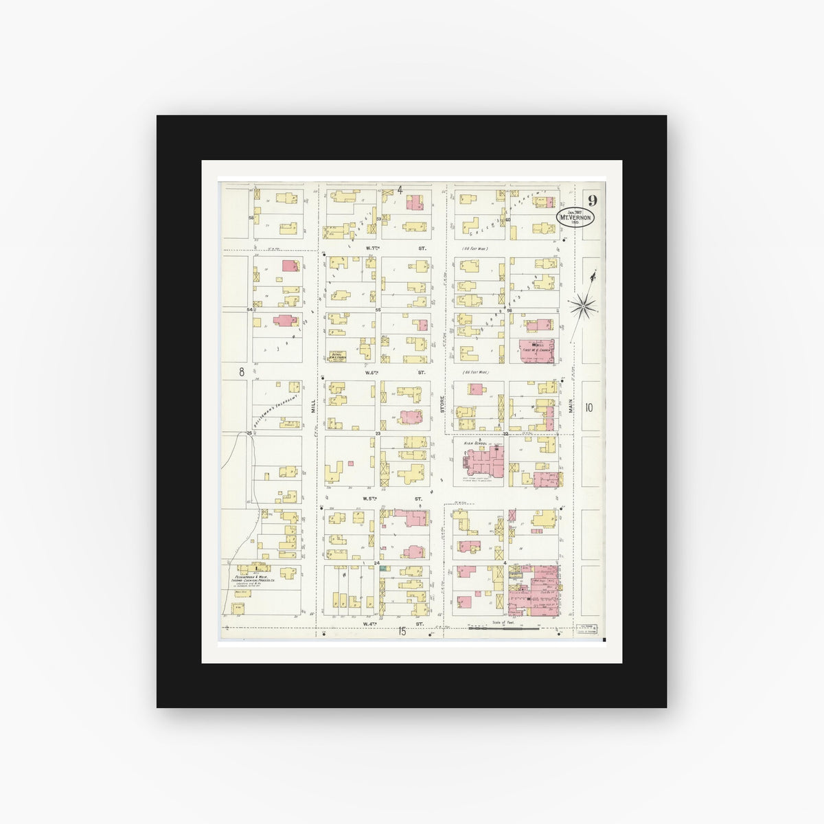 Old map wall art mockup — black gallery frame with white mat — Sanborn Fire Insurance Map from Mount Vernon, Posey County, Indiana (1907), Sheet #0009