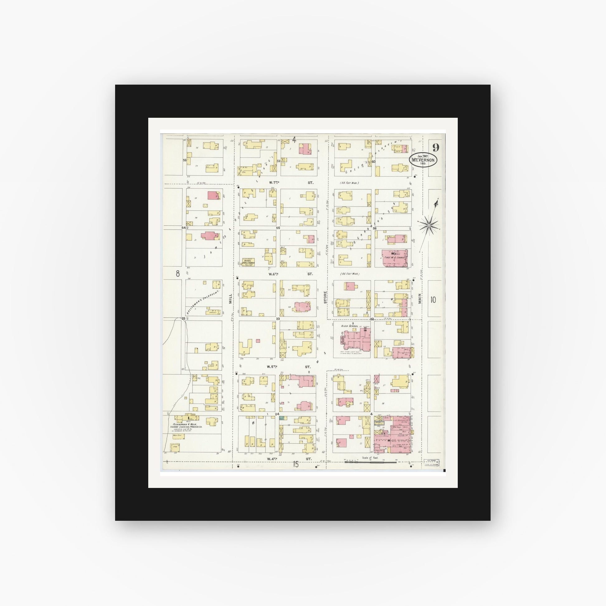 Old map wall art mockup — black gallery frame with white mat — Sanborn Fire Insurance Map from Mount Vernon, Posey County, Indiana (1907), Sheet #0009