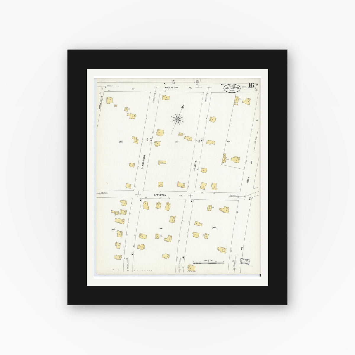 Old map wall art mockup — black gallery frame with white mat — Sanborn Fire Insurance Map from Arlington, Middlesex County, Massachusetts (1908), Sheet #0016