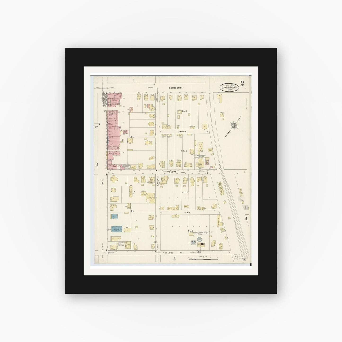 Old map wall art mockup — black gallery frame with white mat — Sanborn Fire Insurance Map from Johnstown, Licking County, Ohio (1913), Sheet #0002