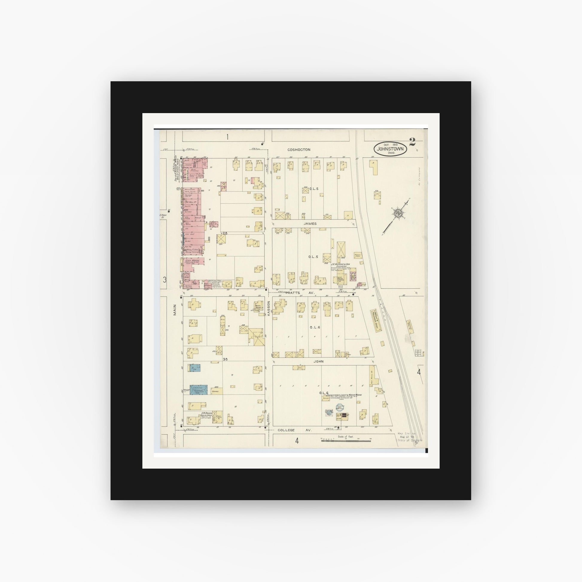 Old map wall art mockup — black gallery frame with white mat — Sanborn Fire Insurance Map from Johnstown, Licking County, Ohio (1913), Sheet #0002