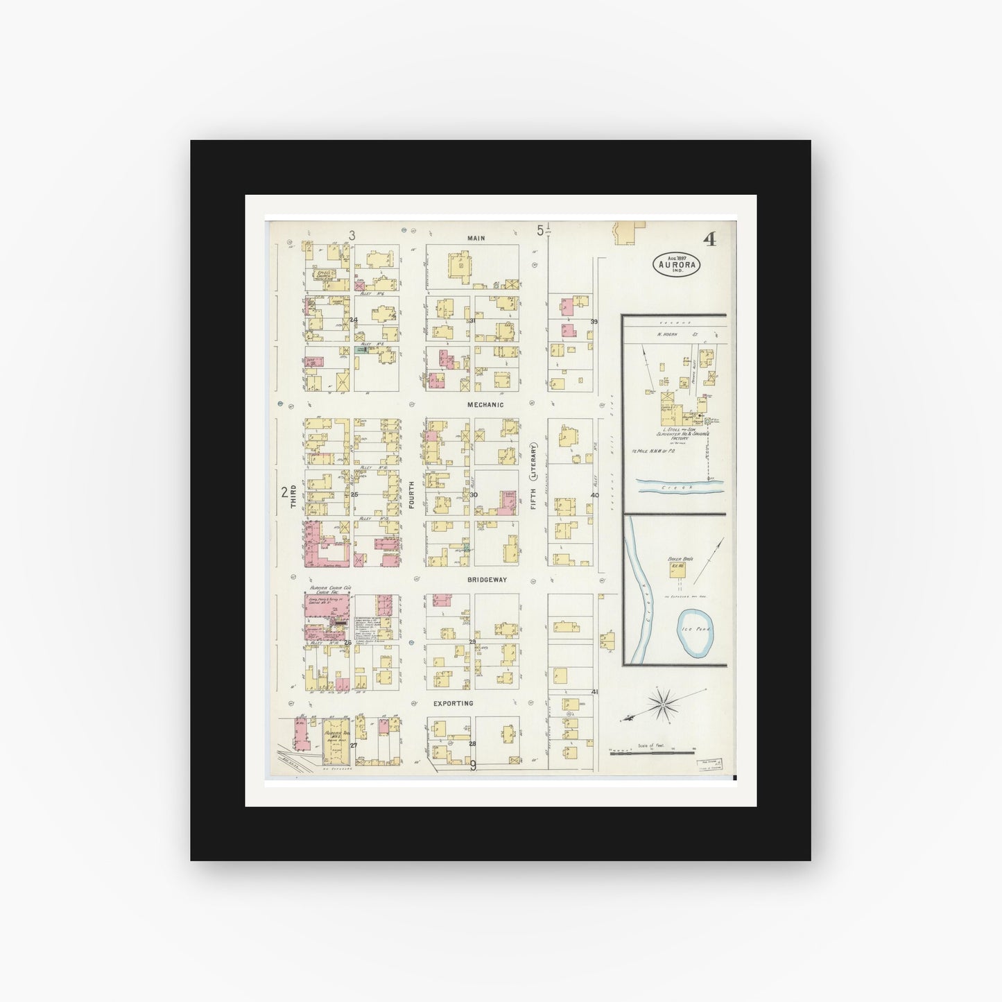 Old map wall art mockup — black gallery frame with white mat — Sanborn Fire Insurance Map from Aurora, Dearborn County, Indiana (1897), Sheet #0004