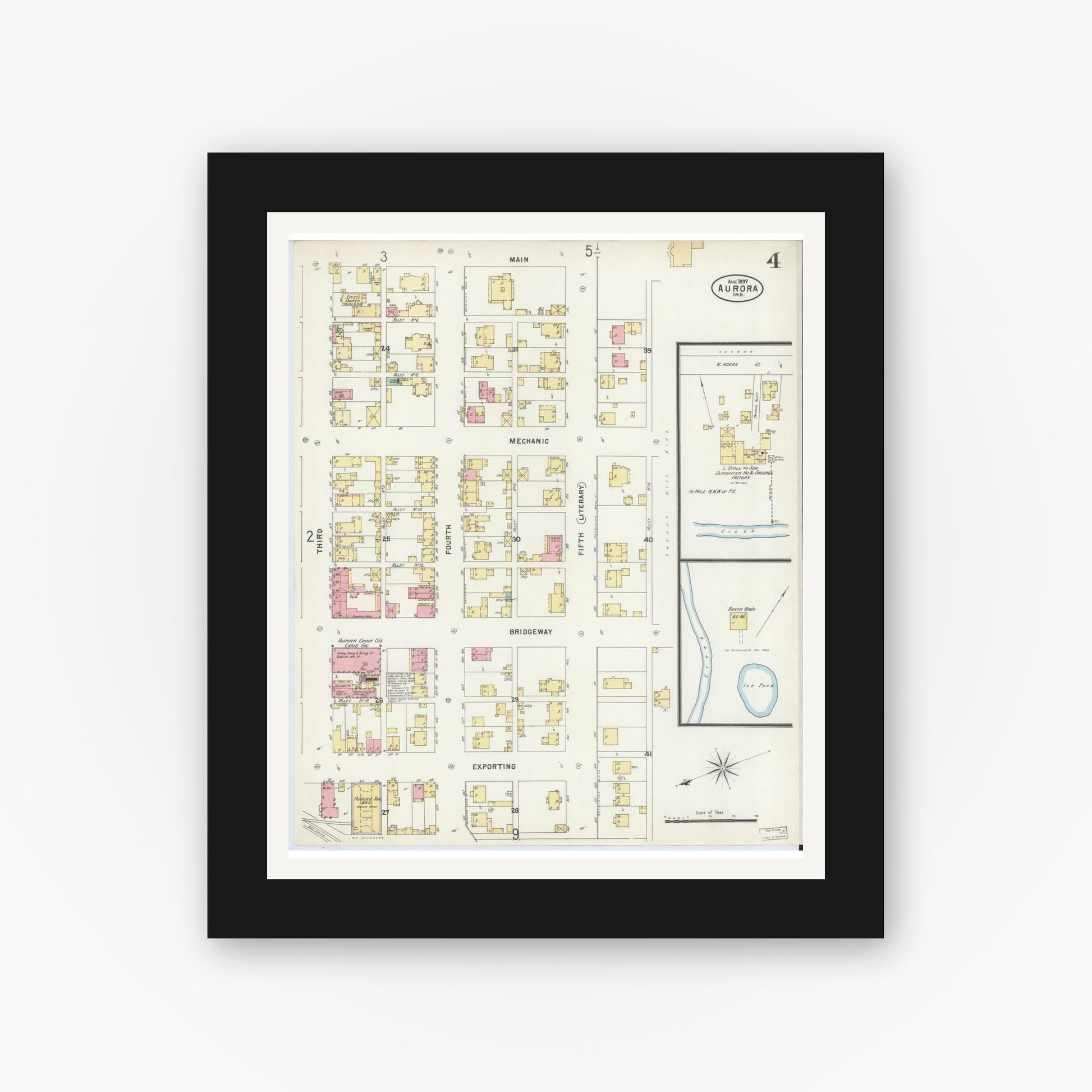 Old map wall art mockup — black gallery frame with white mat — Sanborn Fire Insurance Map from Aurora, Dearborn County, Indiana (1897), Sheet #0004