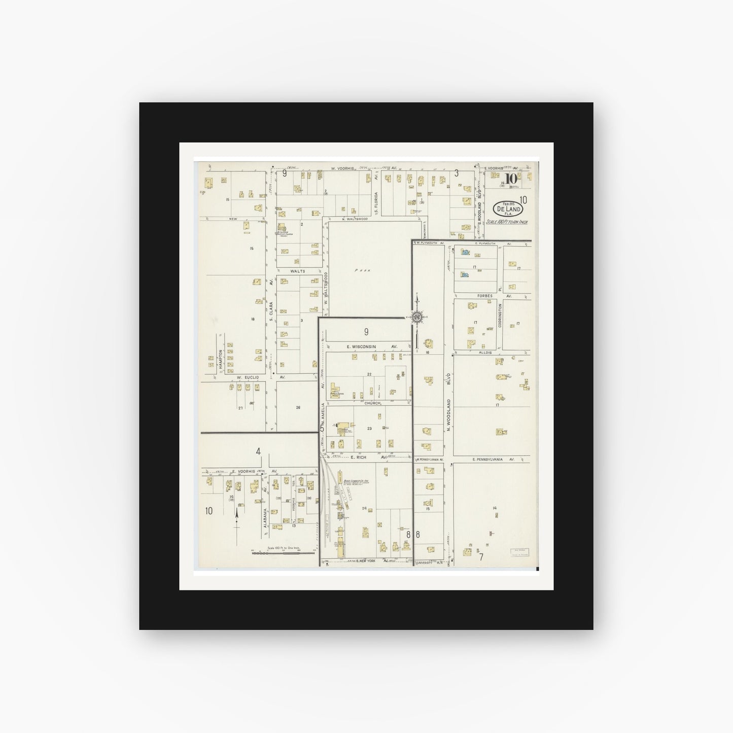 Old map wall art mockup — black gallery frame with white mat — Sanborn Fire Insurance Map from De Land, Volusia County, Florida (1915), Sheet #0010