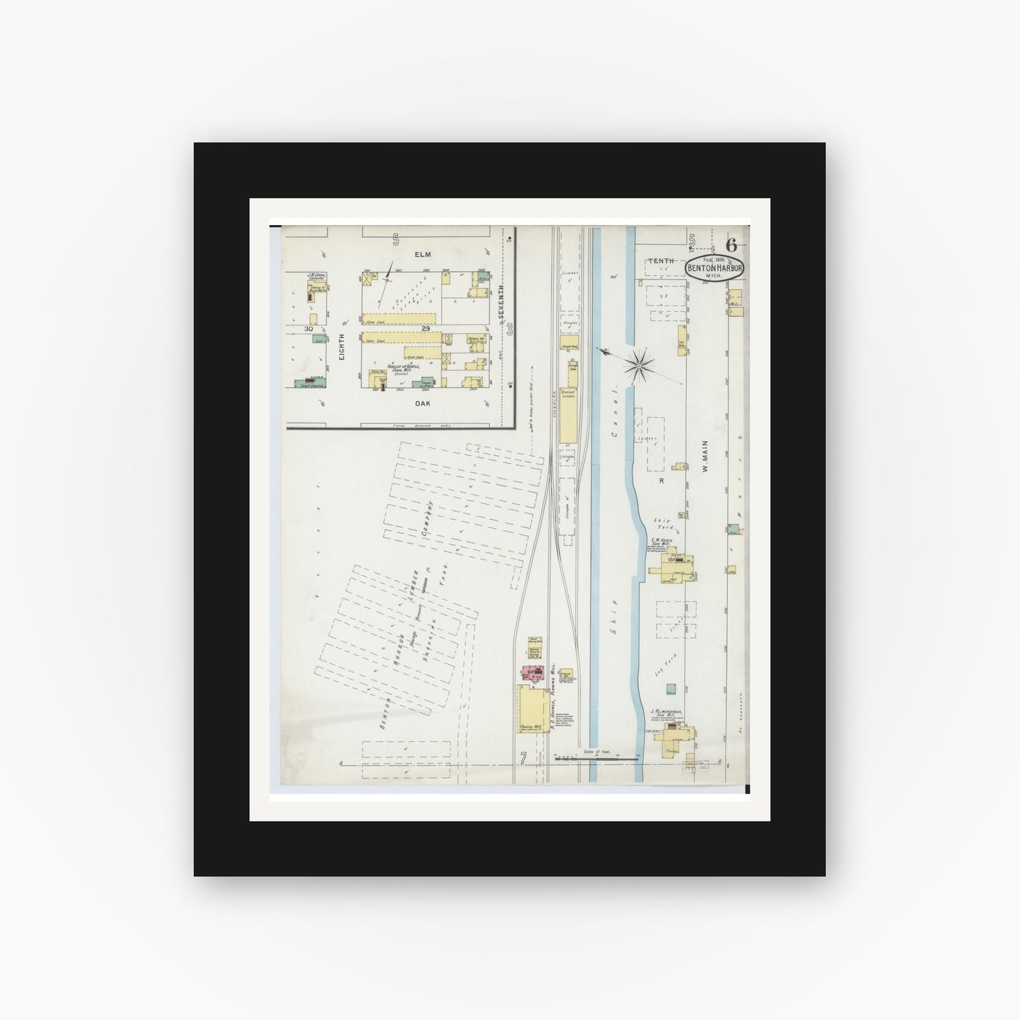 Old map wall art mockup — black gallery frame with white mat — Sanborn Fire Insurance Map from Benton Harbor, Berrien County, Michigan (1895), Sheet #0006