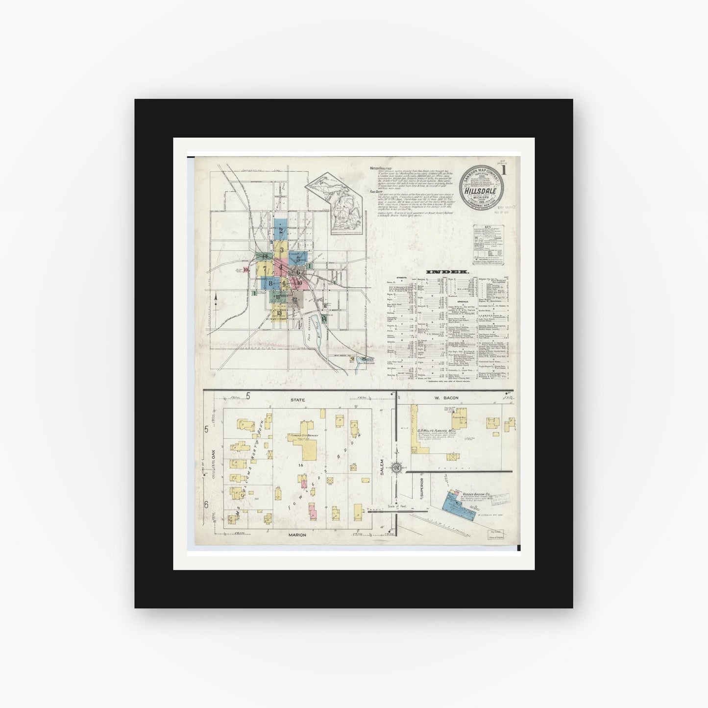 Old map wall art mockup — black gallery frame with white mat — Sanborn Fire Insurance Map from Hillsdale, Hillsdale County, Michigan (1913) - Complete Map Set