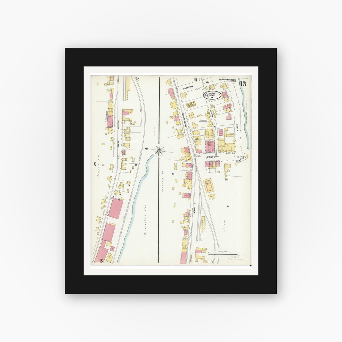 Old map wall art mockup — black gallery frame with white mat — Sanborn Fire Insurance Map from Brownsville, Fayette County, Pennsylvania (1907), Sheet #0015