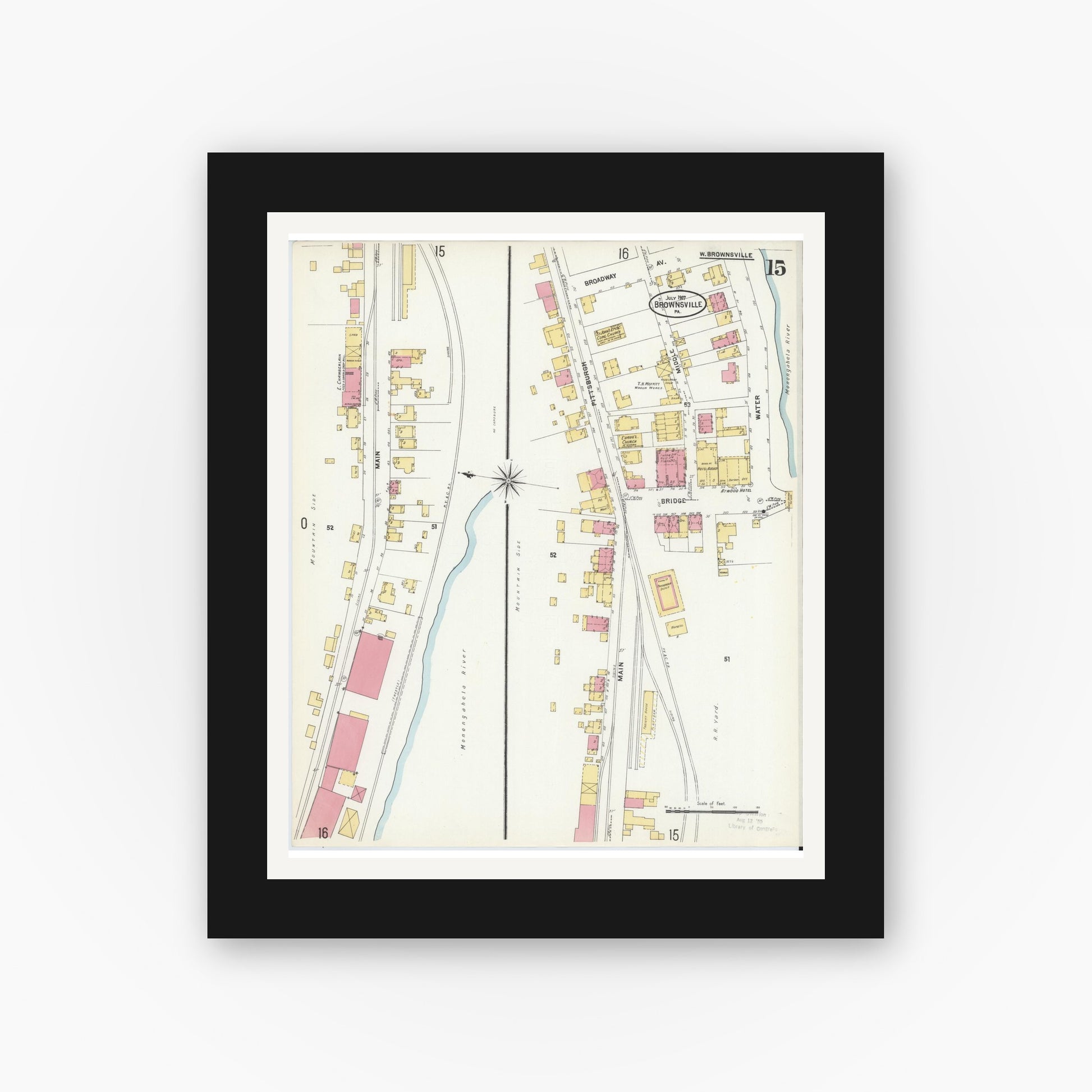 Old map wall art mockup — black gallery frame with white mat — Sanborn Fire Insurance Map from Brownsville, Fayette County, Pennsylvania (1907), Sheet #0015
