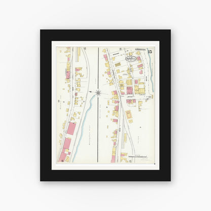 Old map wall art mockup — black gallery frame with white mat — Sanborn Fire Insurance Map from Brownsville, Fayette County, Pennsylvania (1907), Sheet #0015