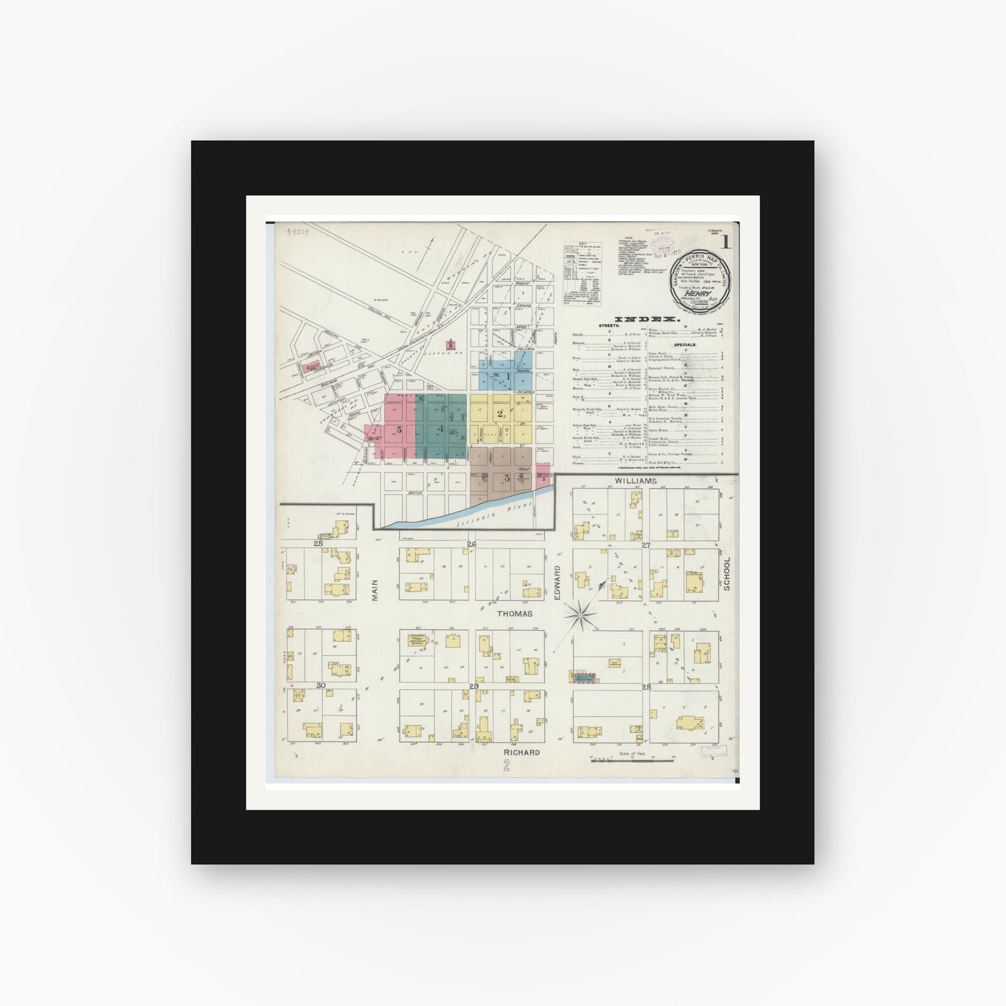 Old map wall art mockup — black gallery frame with white mat — Sanborn Fire Insurance Map from Henry, Marshall County, Illinois (1893) - Complete Map Set