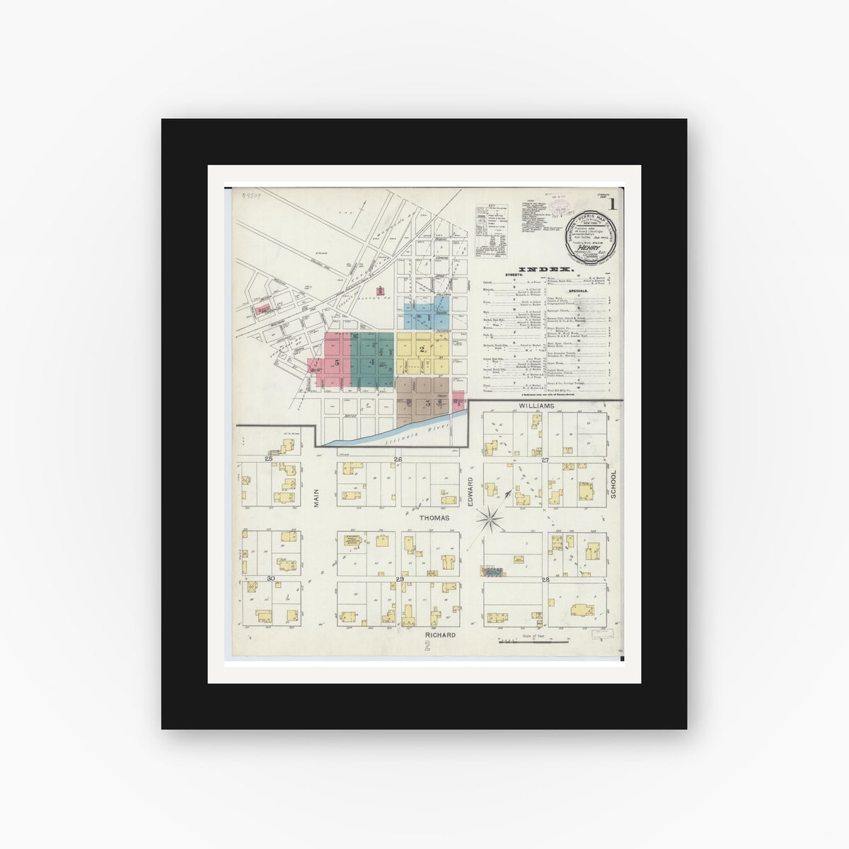 Old map wall art mockup — black gallery frame with white mat — Sanborn Fire Insurance Map from Henry, Marshall County, Illinois (1893) - Complete Map Set